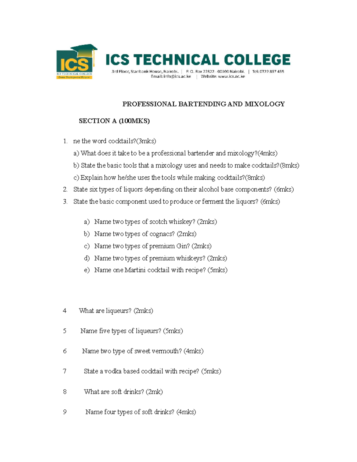 PROFESSIONAL BARTENDING & MIXOLOGY SECTION A (100MKS) Notes - Studocu