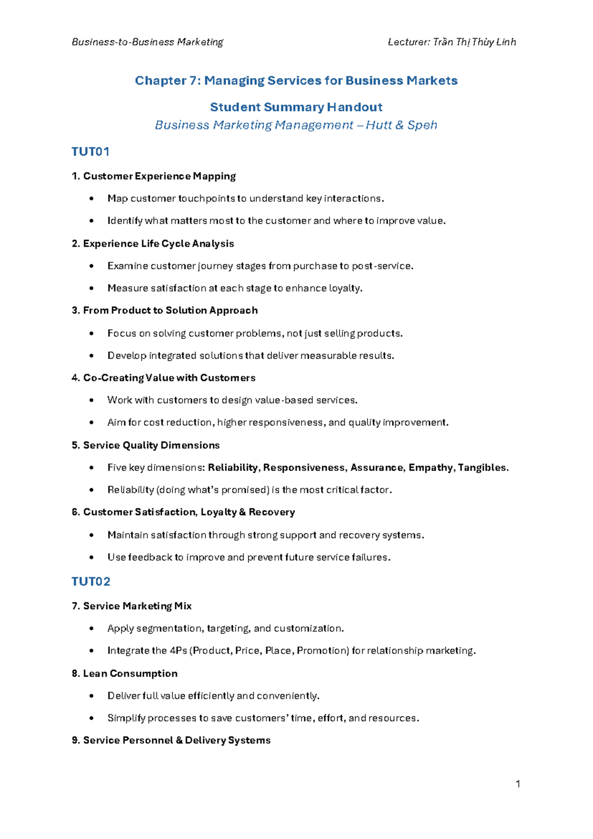 Business Marketing Management TUT01: Chapter 7 Summary Handout - Studocu
