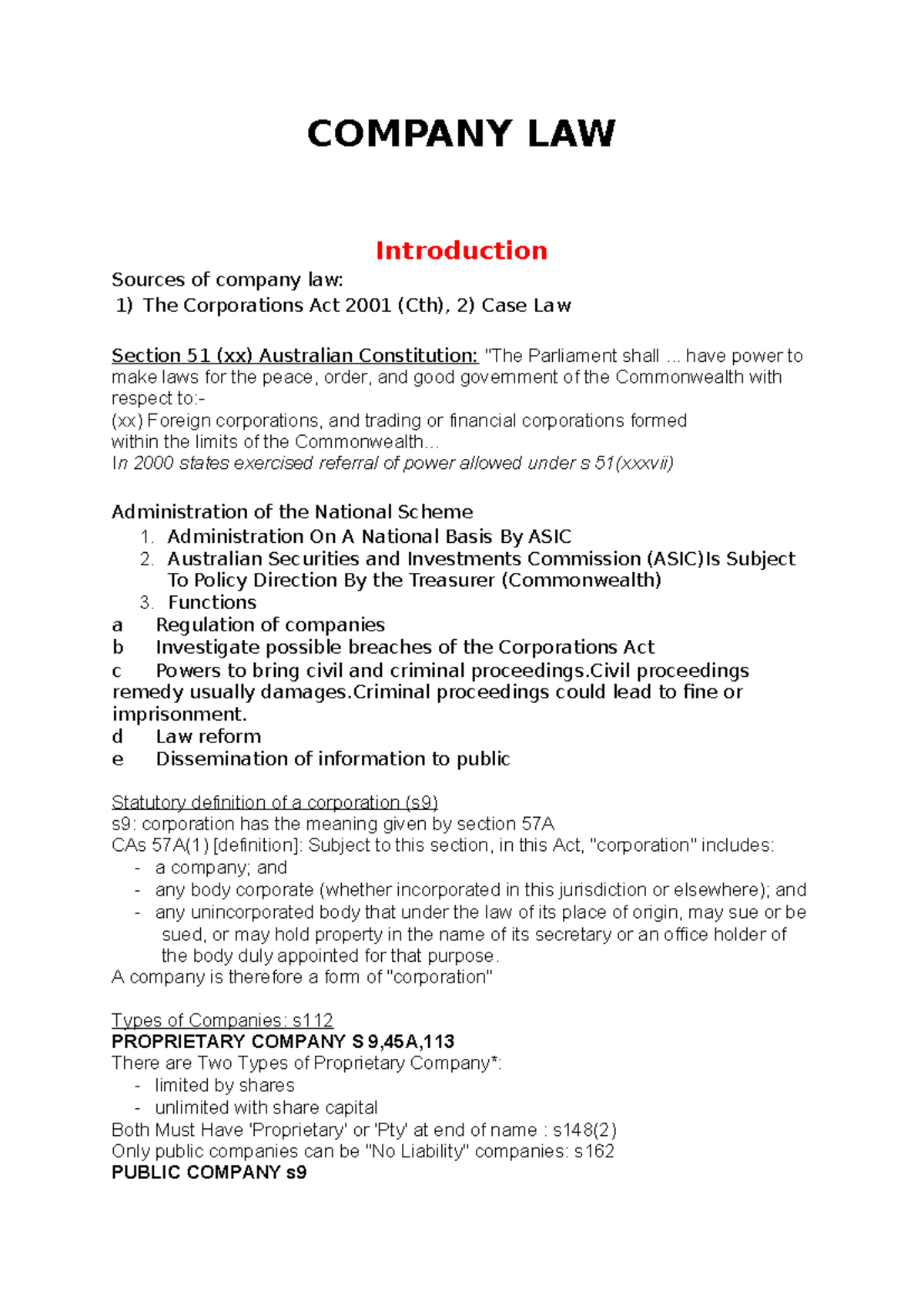 COMPANY LAW - Lecture Notes on Corporate Structure and Governance - Studocu