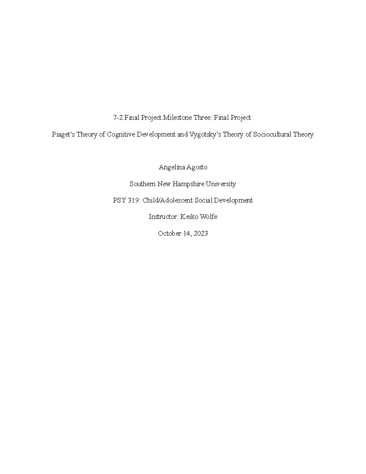 PSY 319 Final Project - Piaget vs. Vygotsky Theoretical Analysis - Studocu