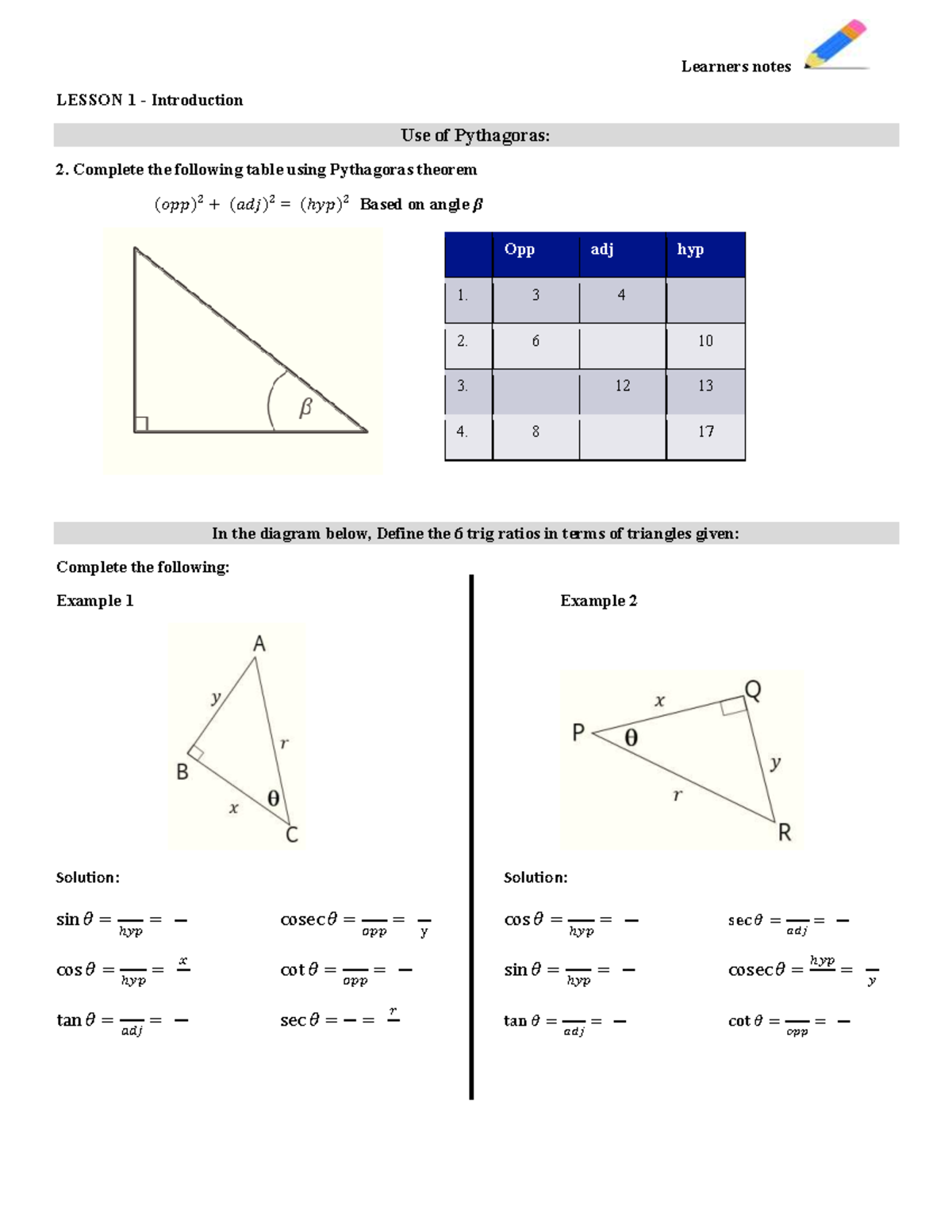 Gr10 Learners Notes - Trigonometry Lessons and Exercises - Studocu