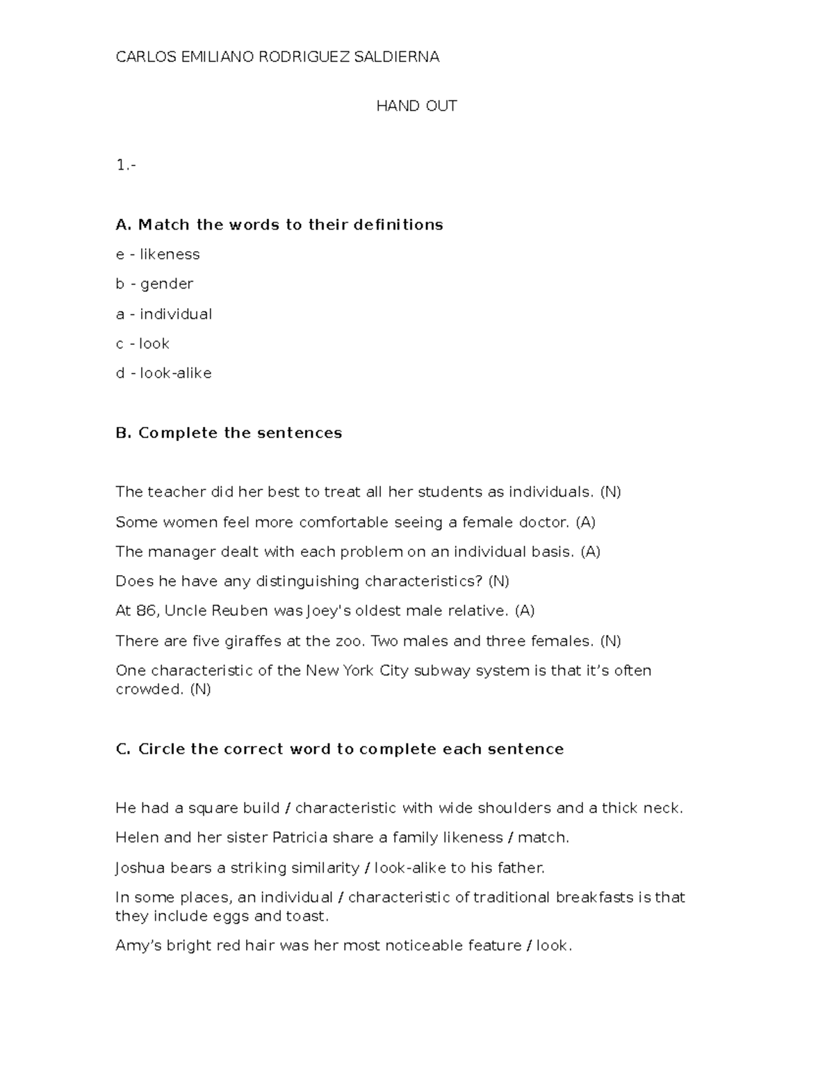 Handouts 1 & 2: Vocabulary Matching and Sentence Completion Activities ...