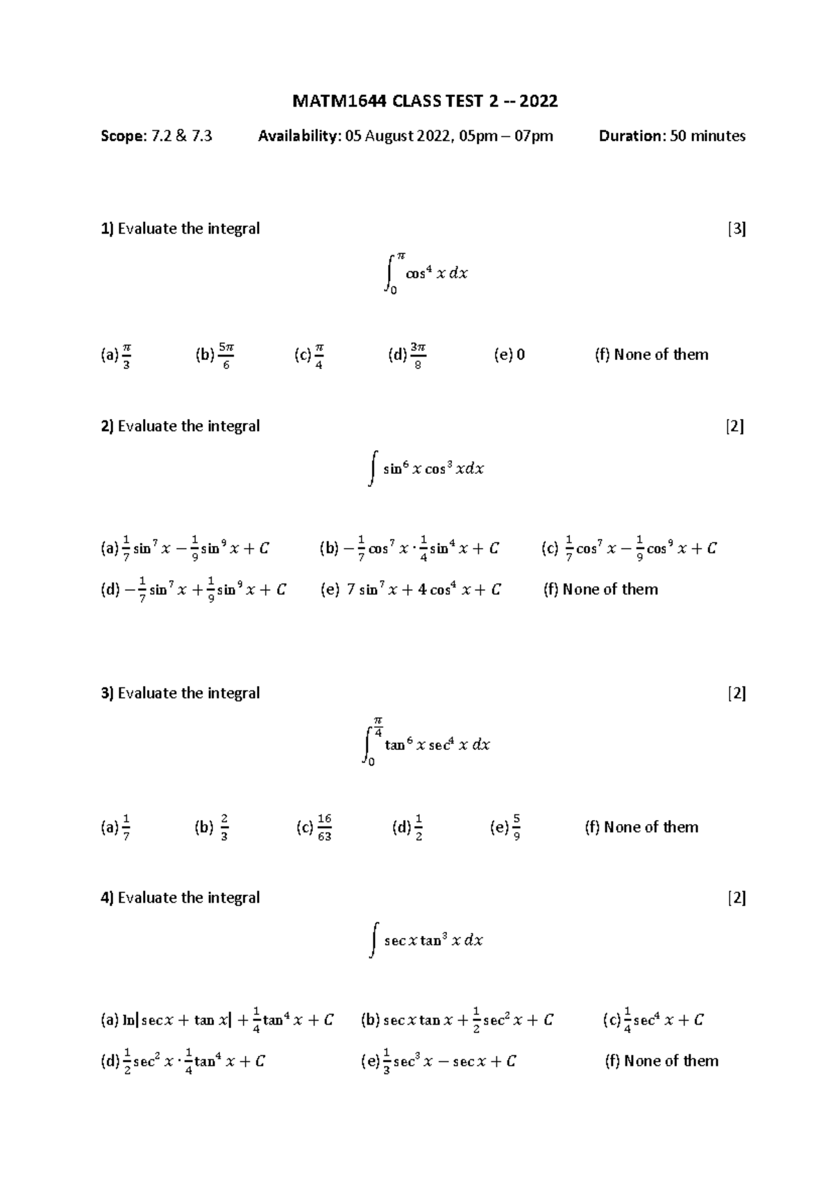 MATM1644 CLASS TEST 2 MEMO 2022: Solutions and Explanations - Studocu