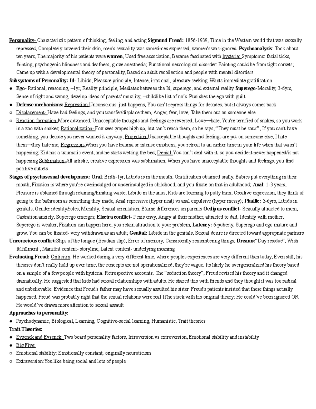 Psychoanalysis & Personality Theories: Thought Exercise 6 Cheat Sheet ...