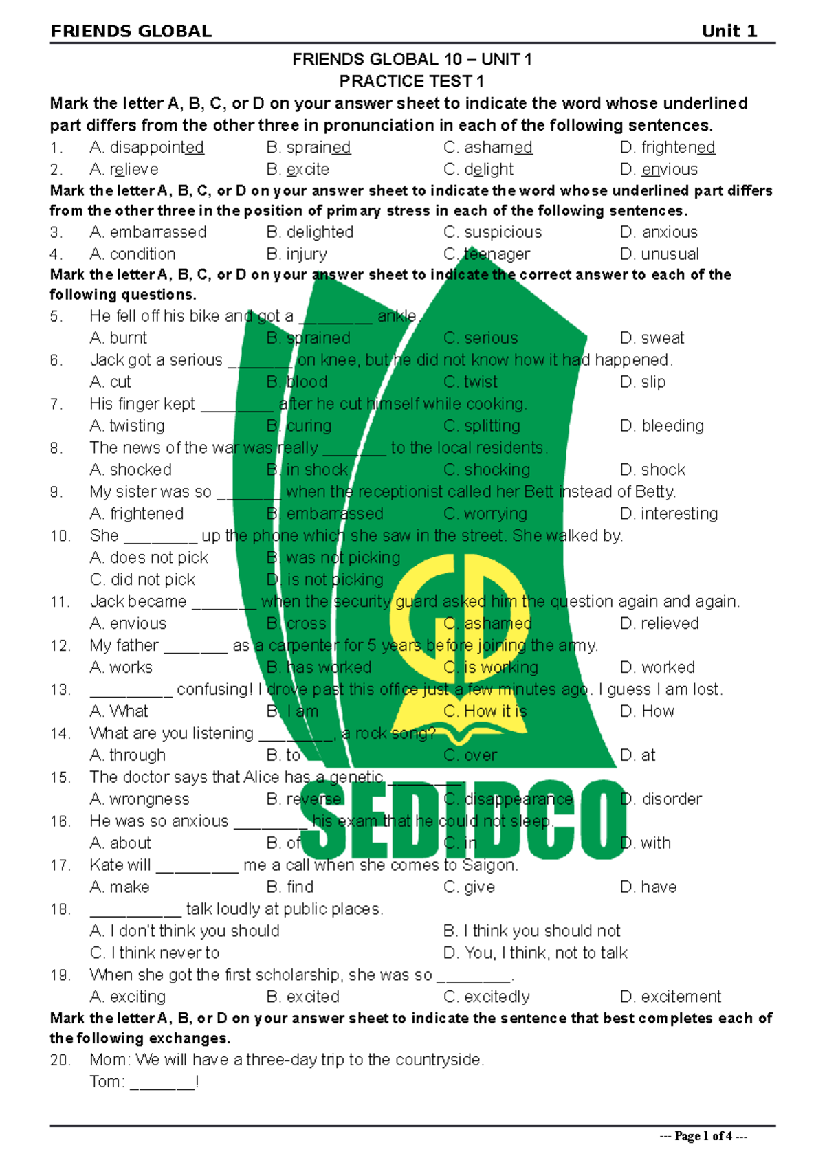 Tieng Anh 10 - Friends Global - Unit 1 - Practice Test 1 - Studocu