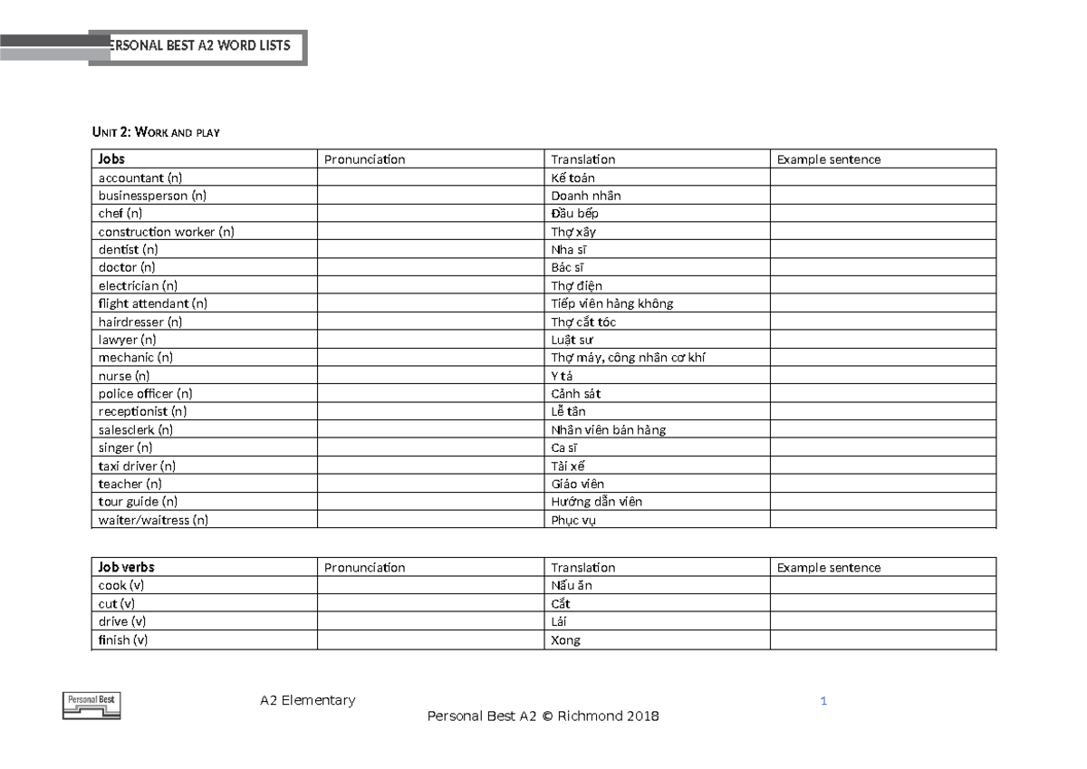 Personal Best A2 Word Lists: Unit 2 - Work and Play - Studocu