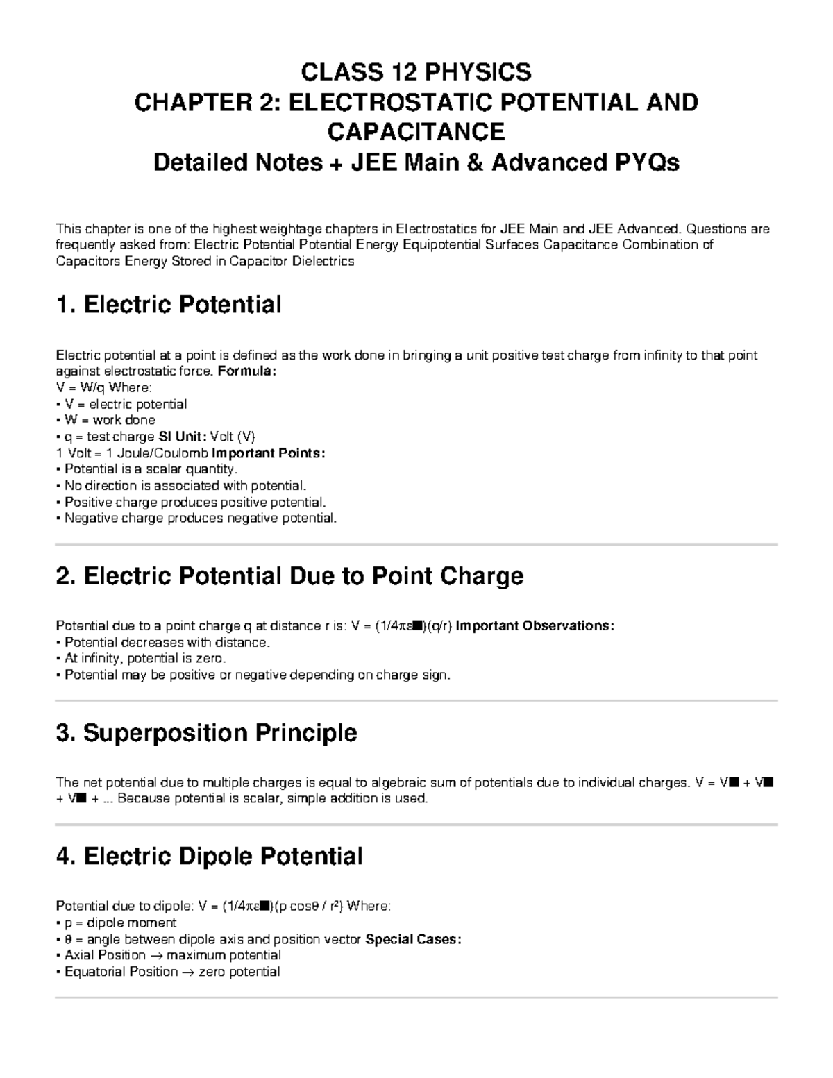 CLASS 12 PHYSICS CHAPTER 2: ELECTROSTATIC POTENTIAL & CAPACITANCE Notes ...