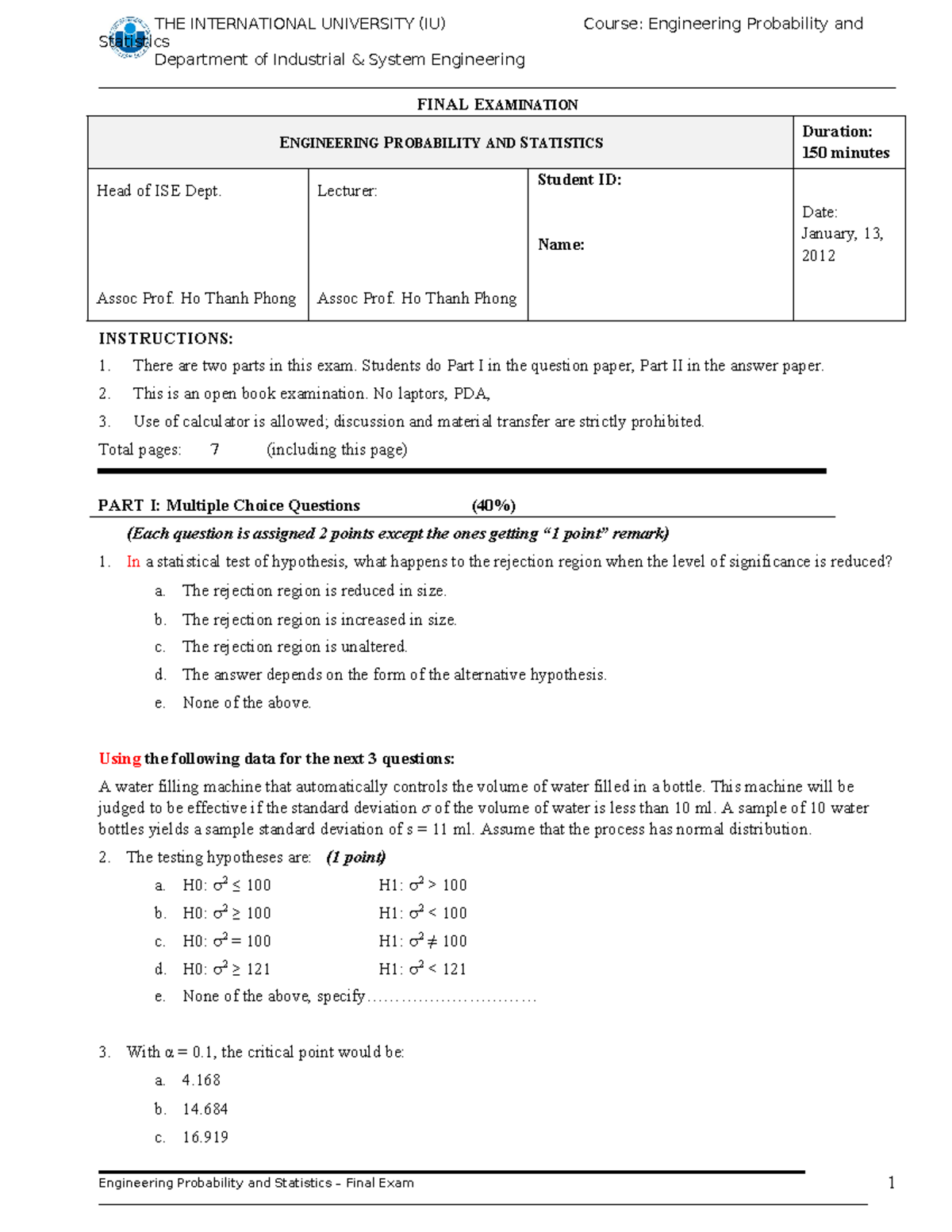Final Exam - ISE 2011 - Engineering Probability & Statistics - Studocu