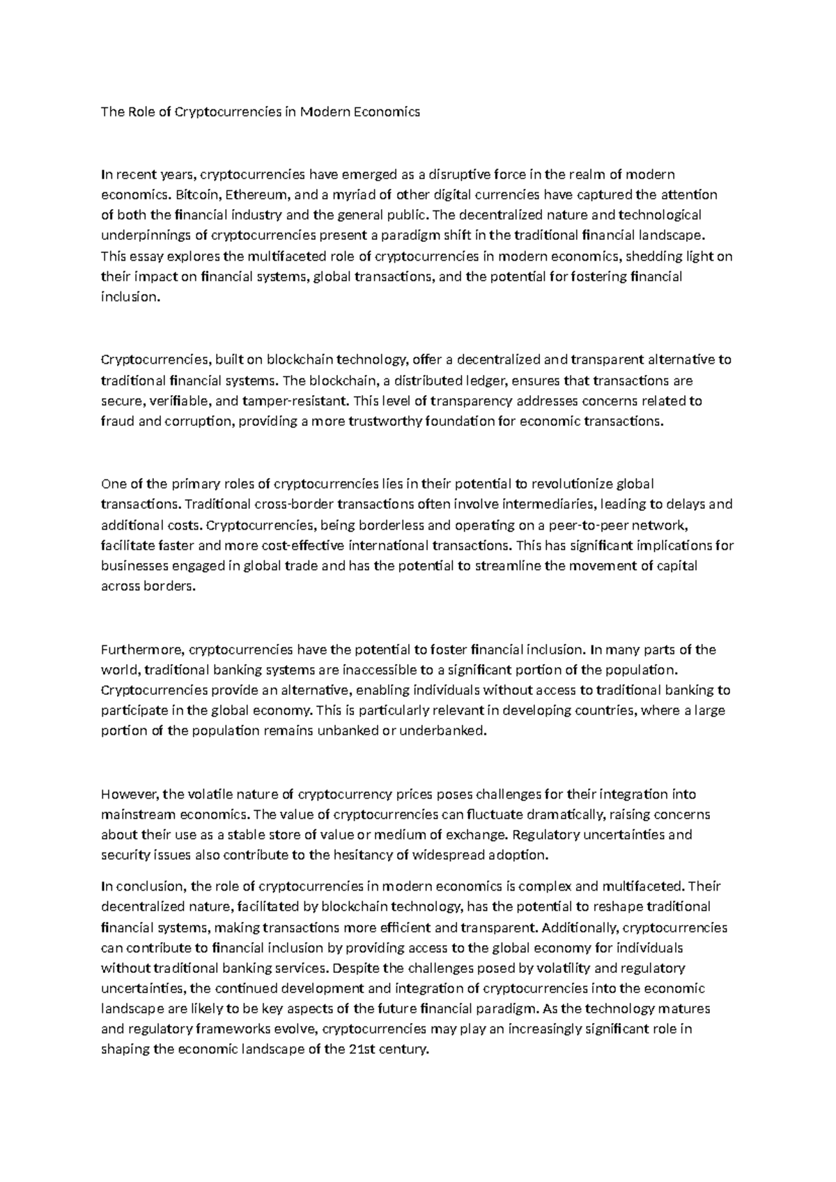 1 - Essay on the Role of Cryptocurrencies in Modern Economics - Studocu
