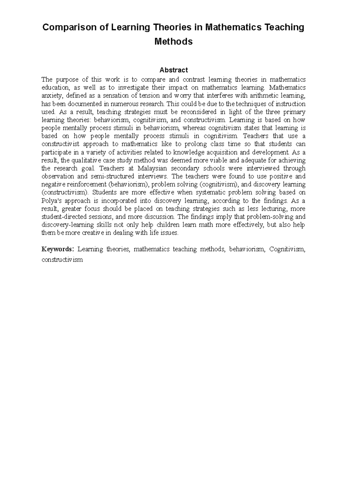 Comparison of Learning Theories in Mathematics Teaching - Comparison of ...