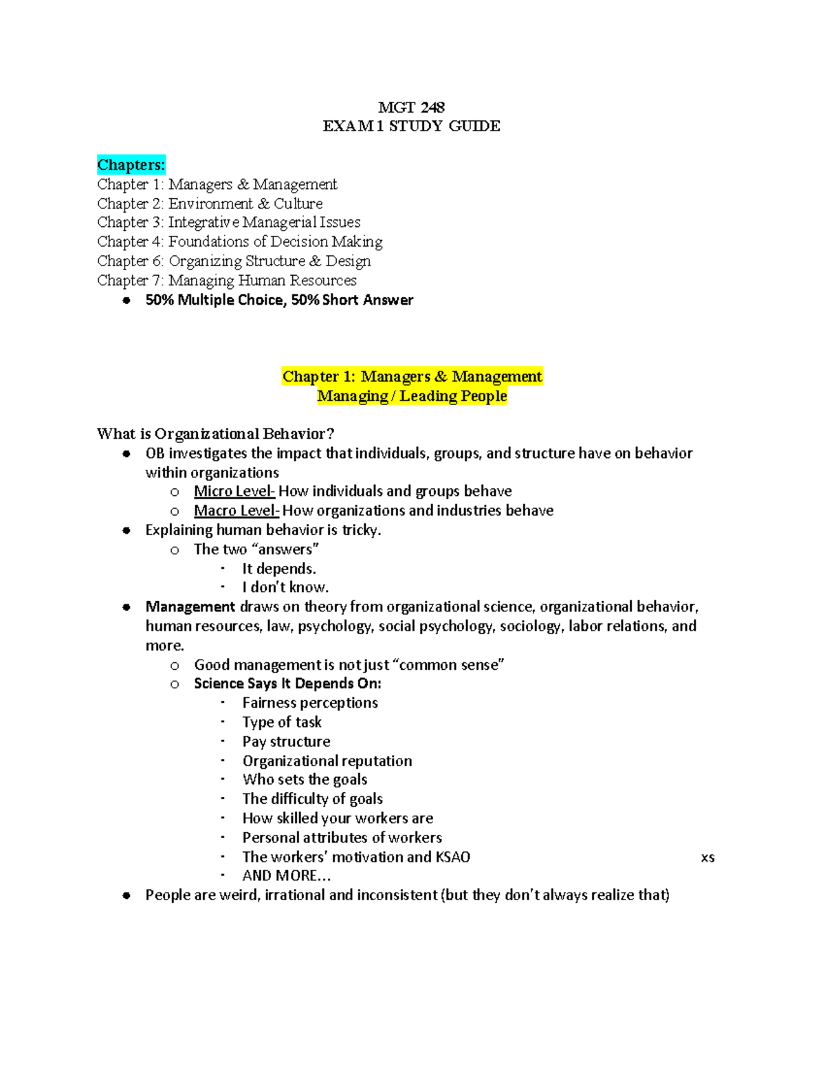 MGT 248 Exam 1 Comprehensive Study Guide & Key Concepts - Studocu