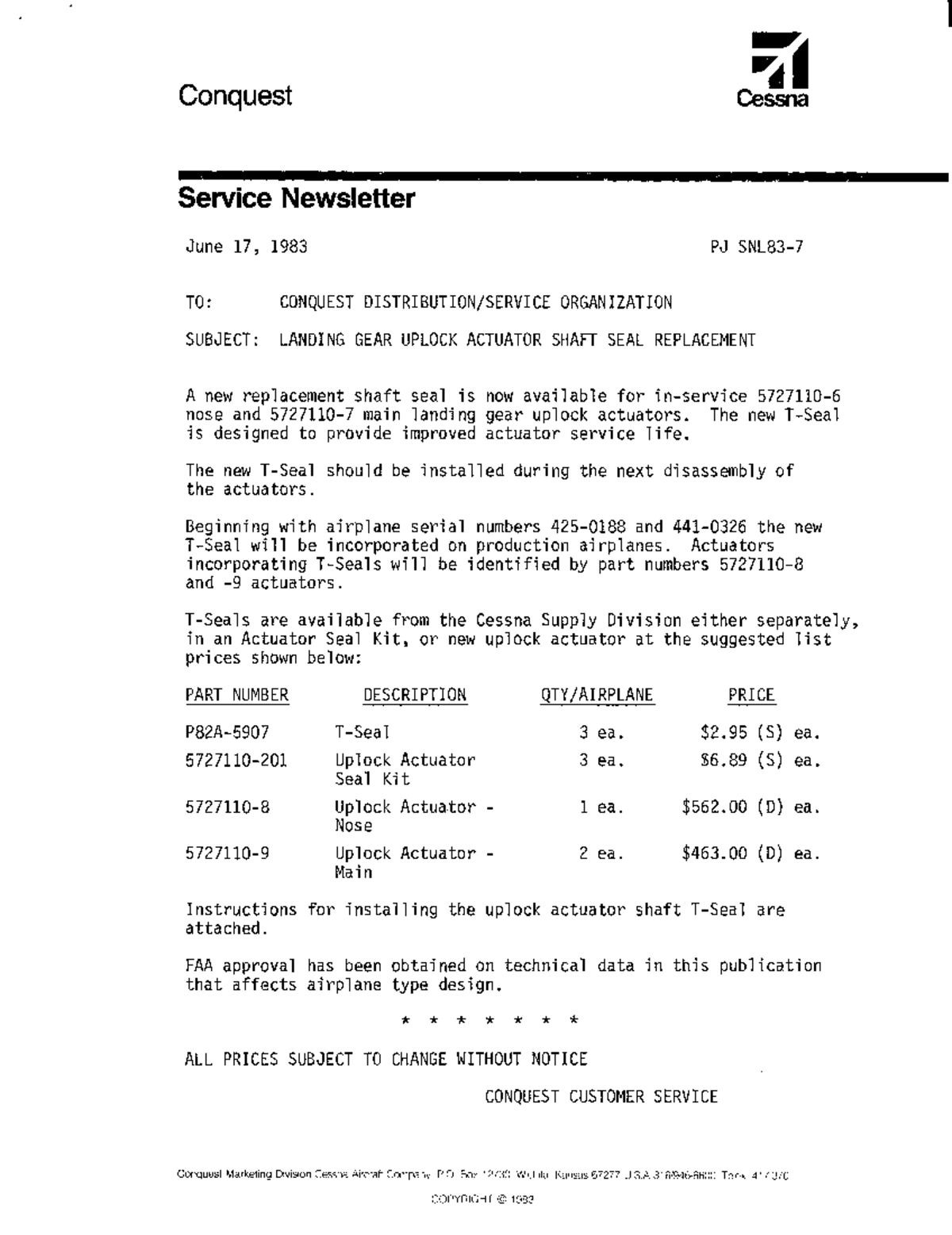 Conquest Cessna Service Newsletter: Uplock Actuator Seal Replacement ...