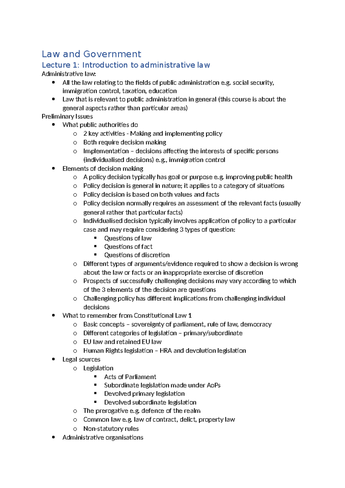 Law and Government - Lecture Notes on Admin Law and Judicial Review ...