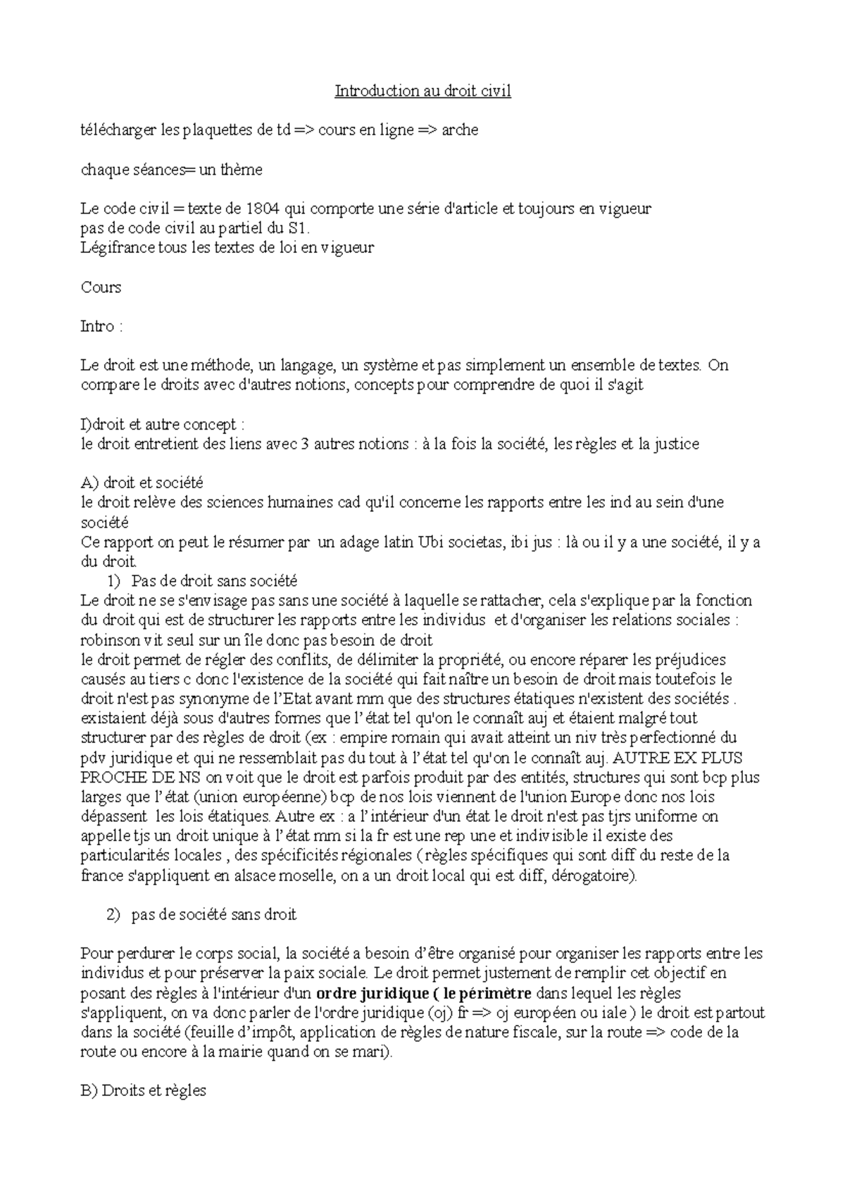 Introduction au Droit Civil - Cours et TD S1 - Studocu
