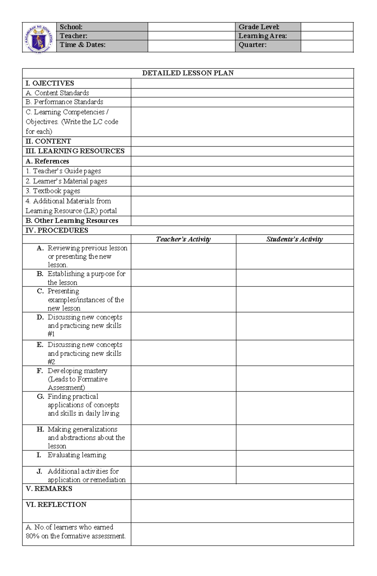 DLP Format - English: Detailed Lesson Plan Template - Studocu