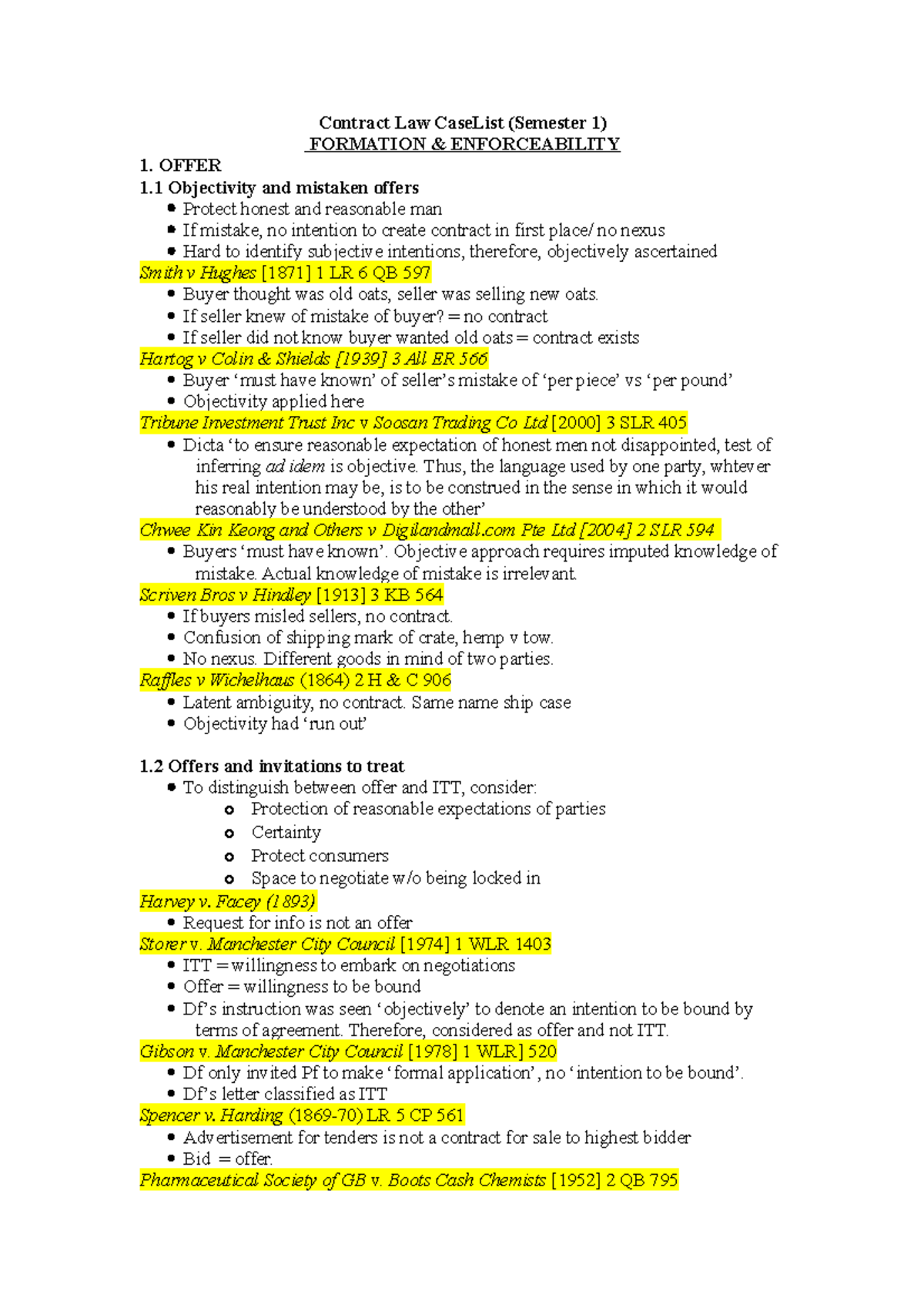 Contract Law Case List: Key Cases & Principles - Semester 1 Notes - Studocu