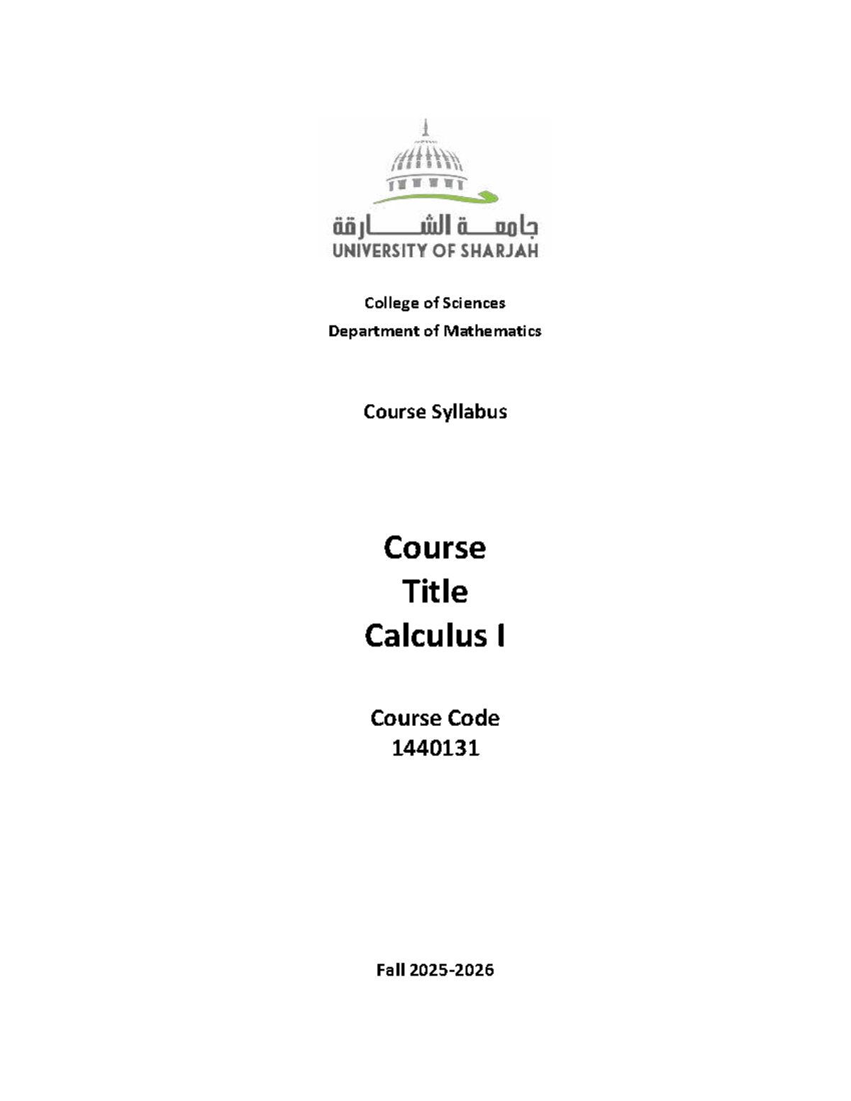 Calculus I Syllabus (1440131) - Fall Semester 2025-2026 - Studocu