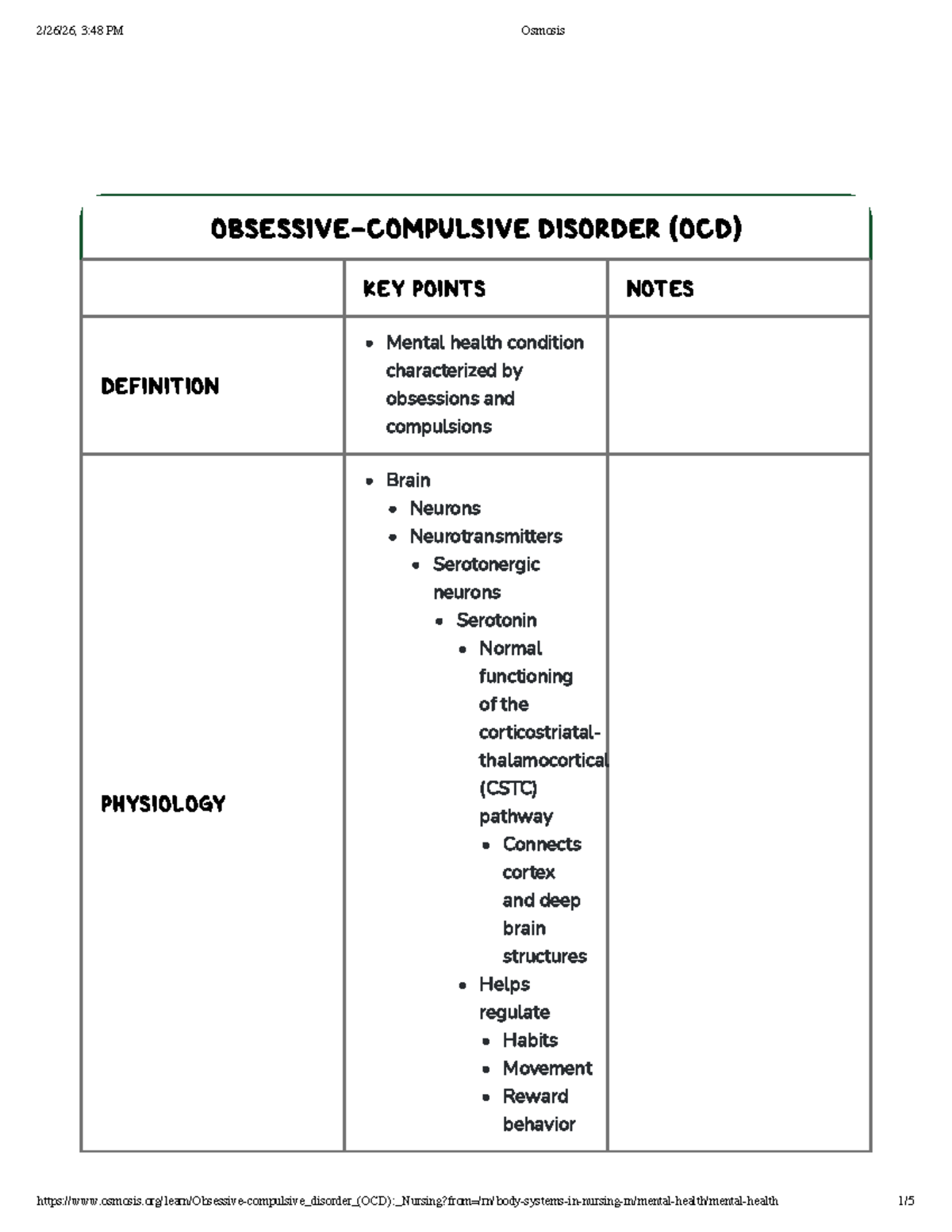 OCD Nursing Key Points & Causes: Osmosis Overview - Studocu