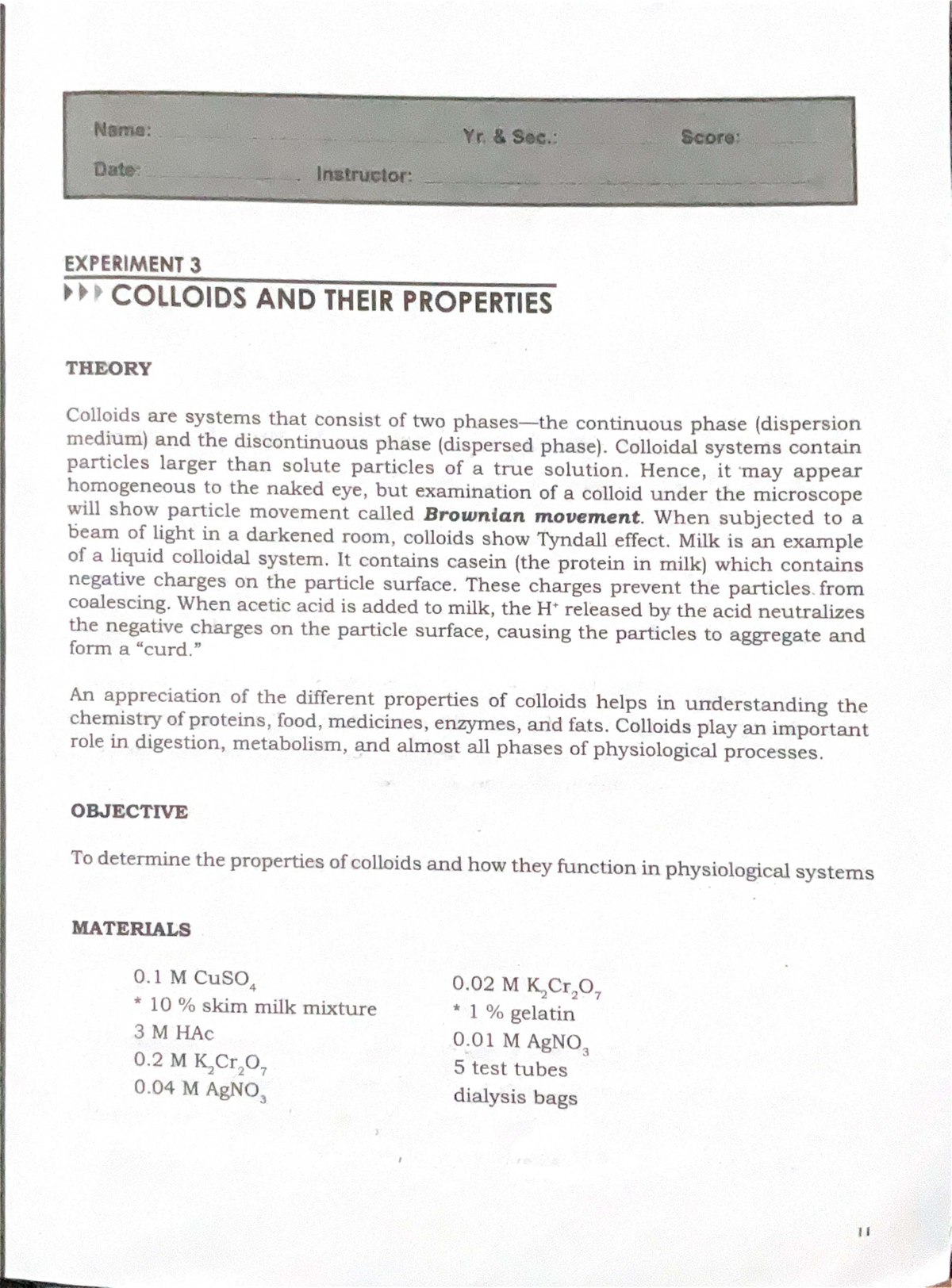 Experiment 3: Colloids and Their Properties - Lab Manual - Studocu