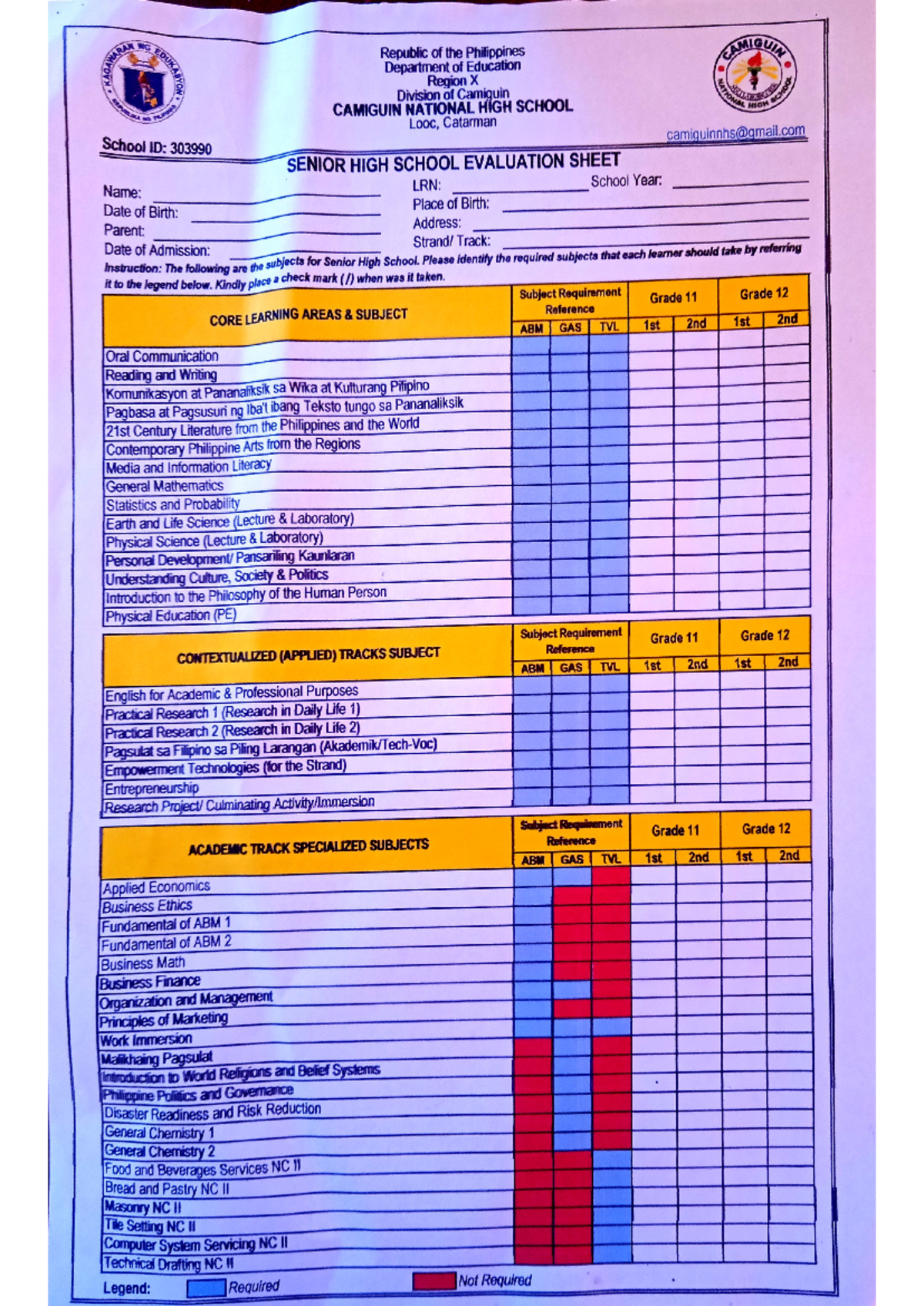 Shs evaluation form - form - BSED- Science - Studocu
