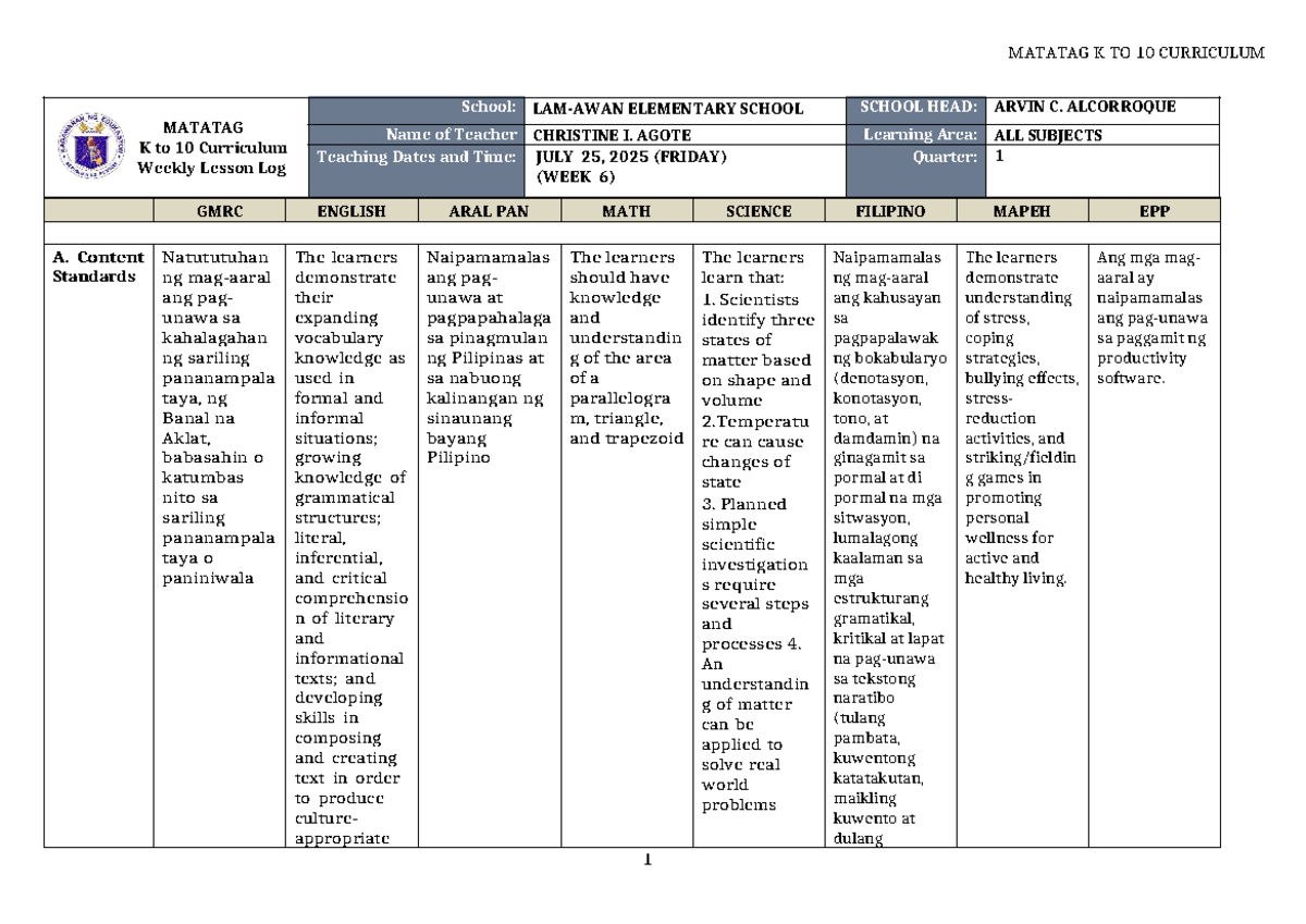 MATATAG K to 10 Curriculum Weekly Lesson Log - Week 6 - Studocu