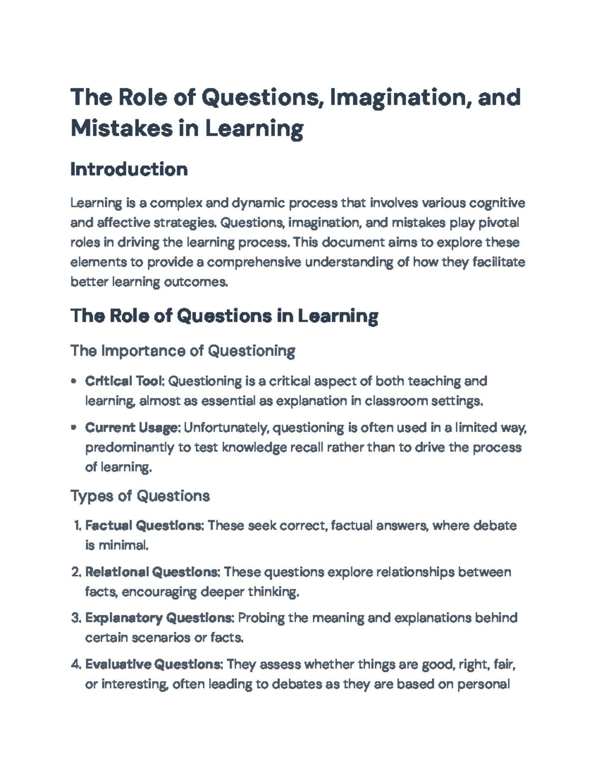 The Role of Questions, Imagination, and Mistakes in Learning - The Role ...