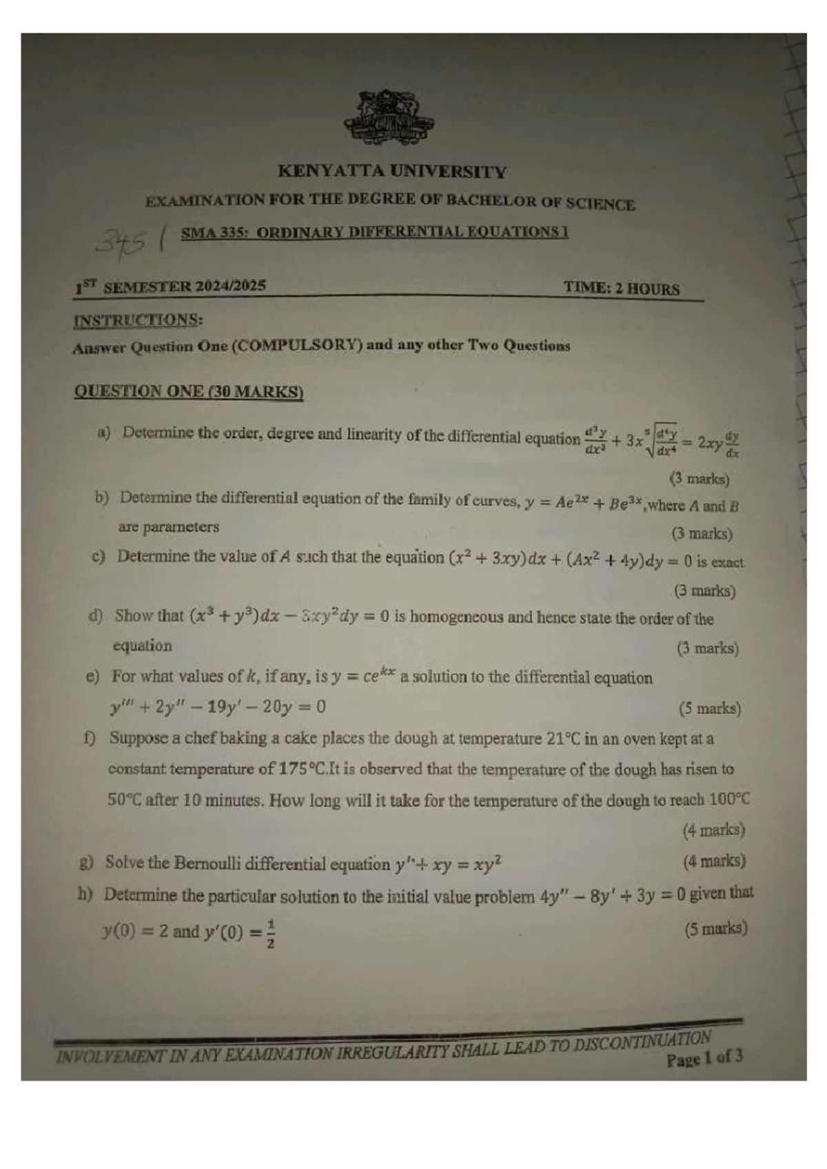 SMA 335: Past Exam Papers for Ordinary Differential Equations I - Studocu