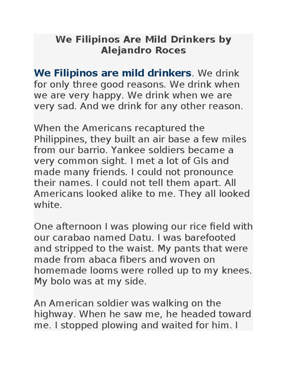 We Filipinos Are Mild Drinkers - Insights from Alejandro Roces - Studocu