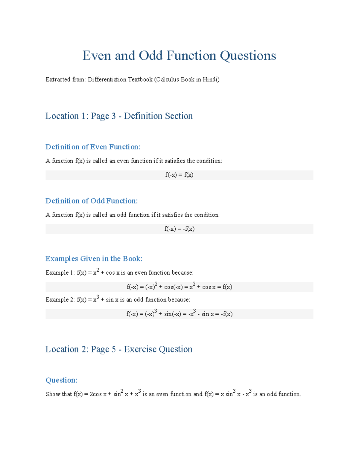 Even and Odd Function Questions - Calculus (Hindi) - Studocu