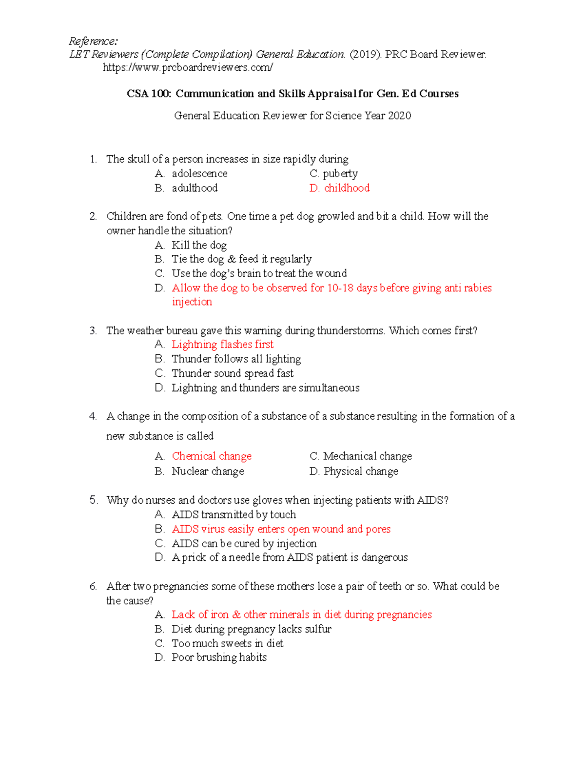 LET Review Questionnaire for Science 2020- Answers Included - Studocu