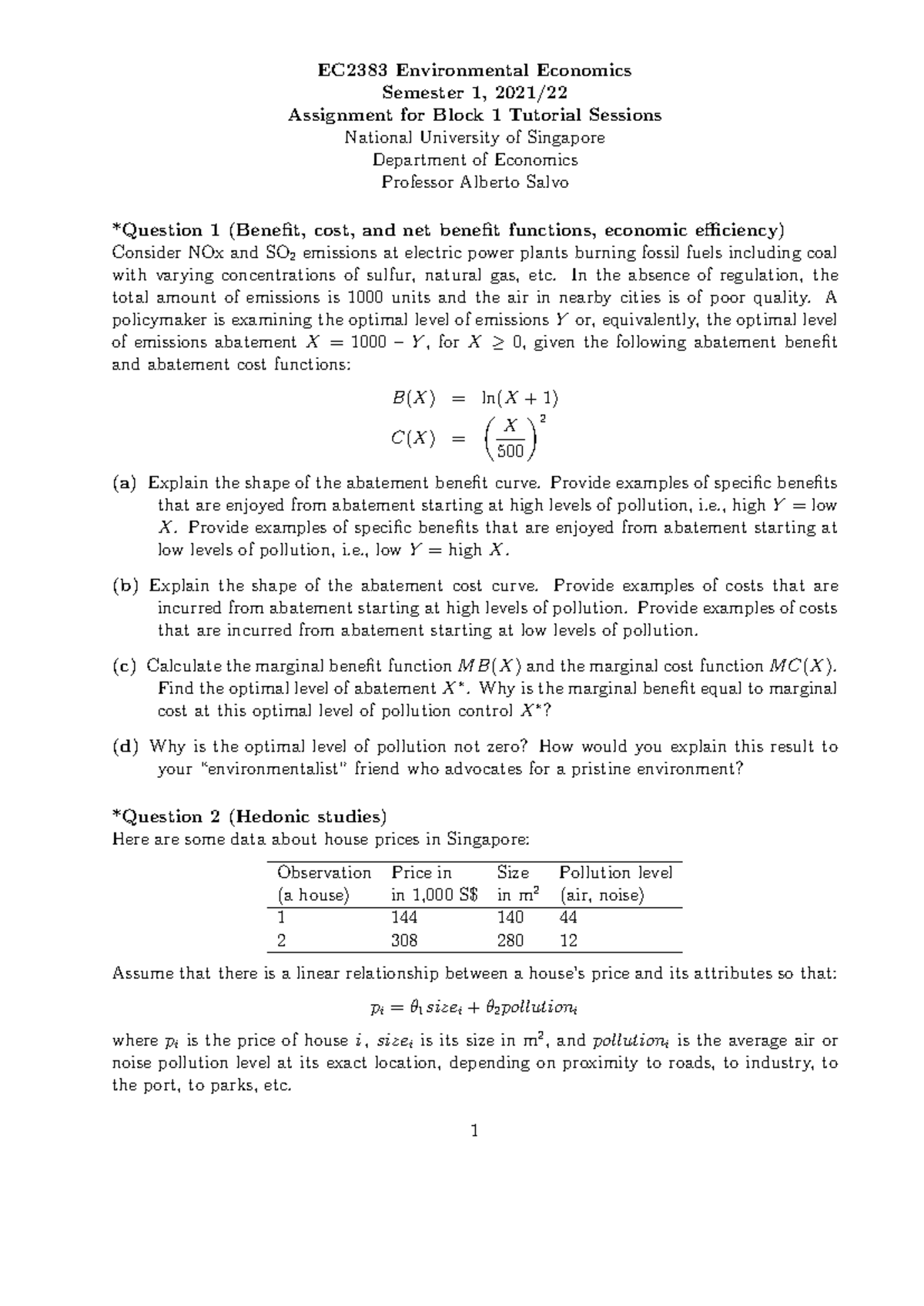 EC2383 Environmental Economics - Assignment 1: Block 1 Tutorial Q&A ...