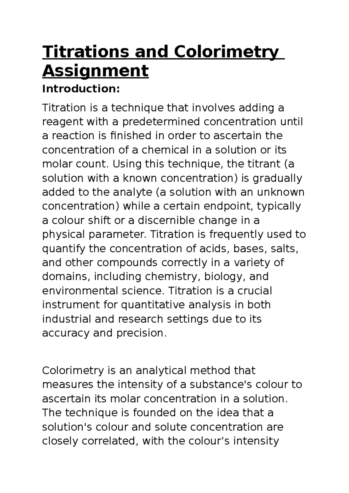 Titrations and Colorimetry Assignment - Titrations and Colorimetry ...