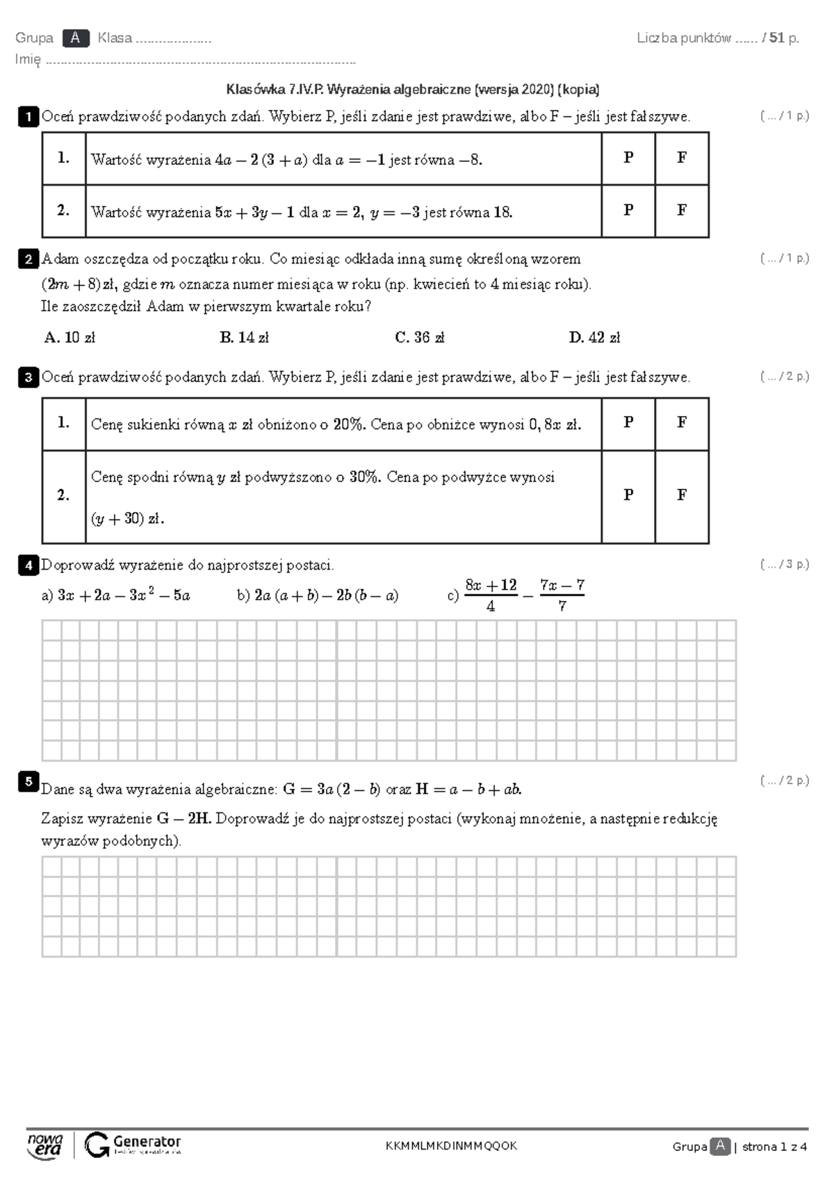 Klasówka 7.IV.P. Wyrażenia Algebraiczne 2020 - Grupa A, B, C, D - Studocu