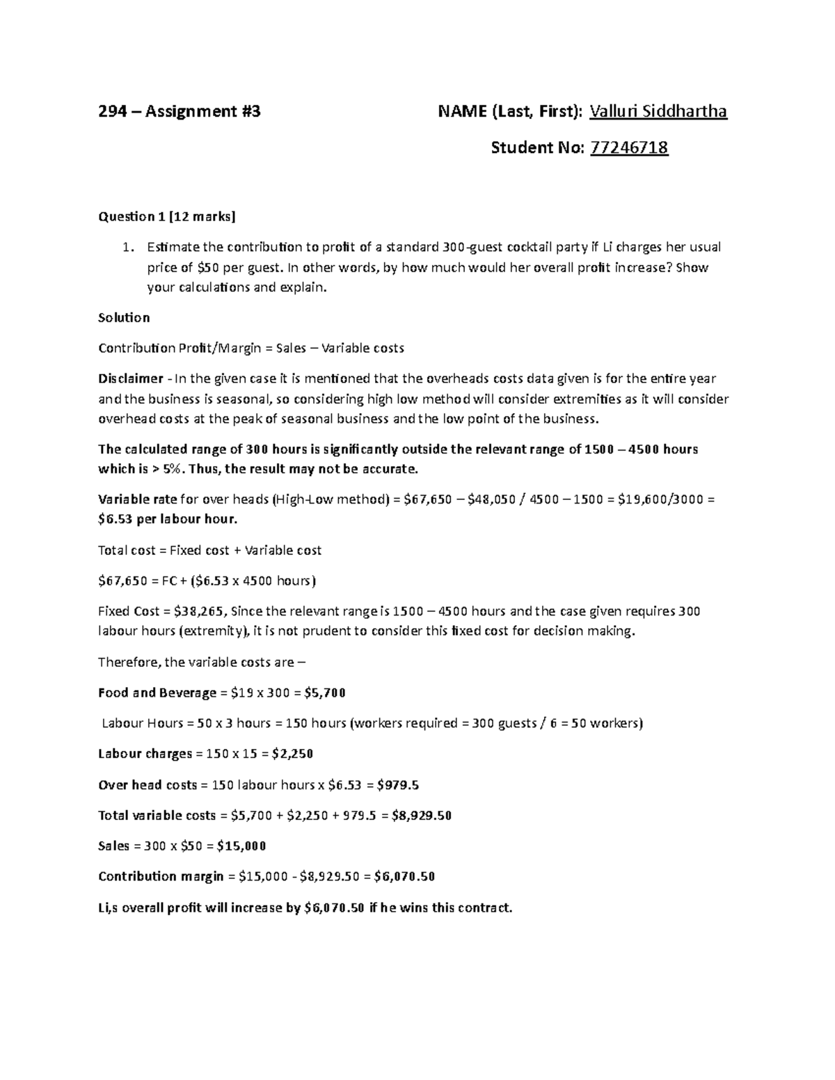 Assignment 3 - Profit Analysis in Managerial Accounting (Course 294 ...