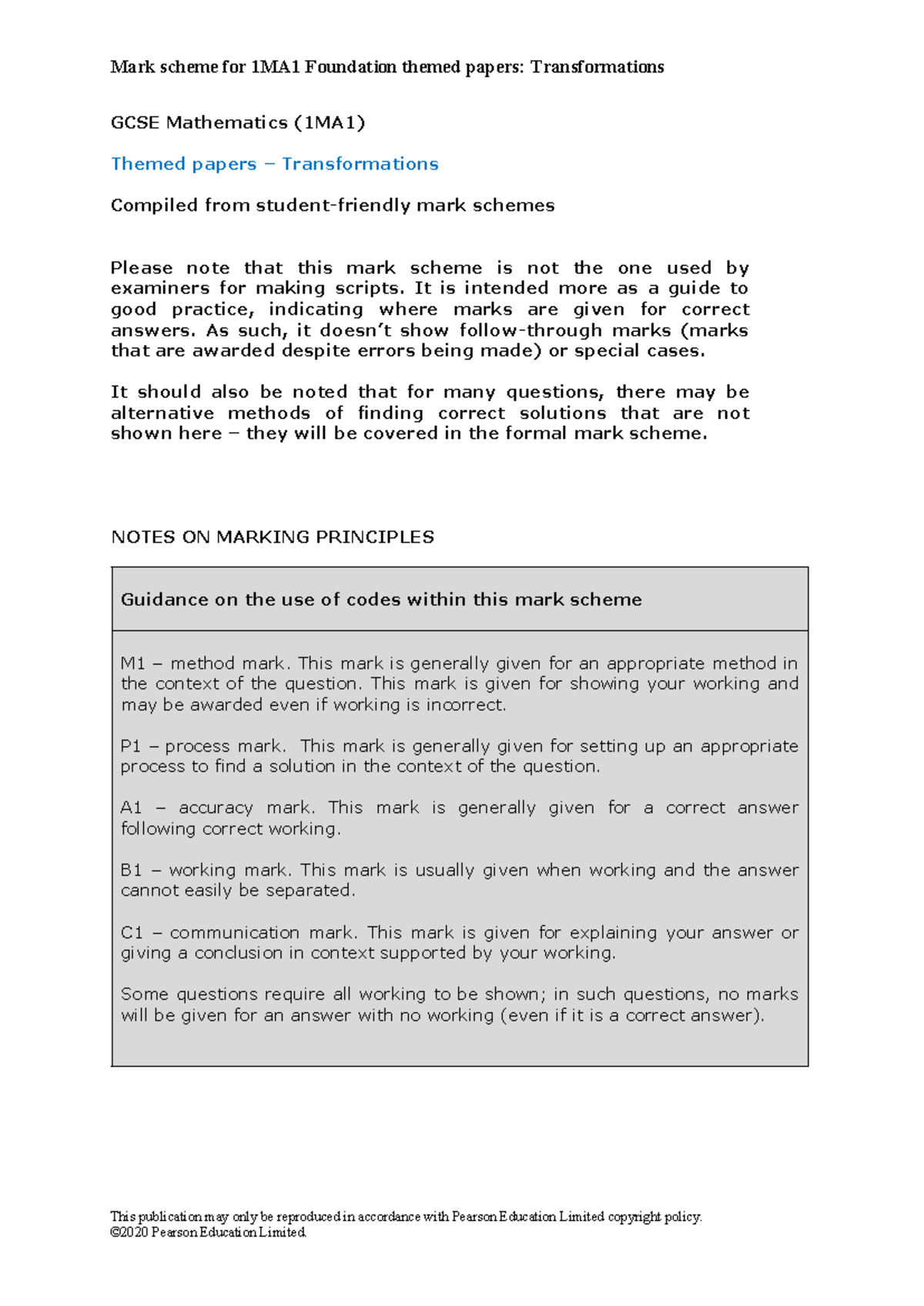 Mark Scheme for 1MA1 Foundation: Transformations GCSE Mathematics - Studocu