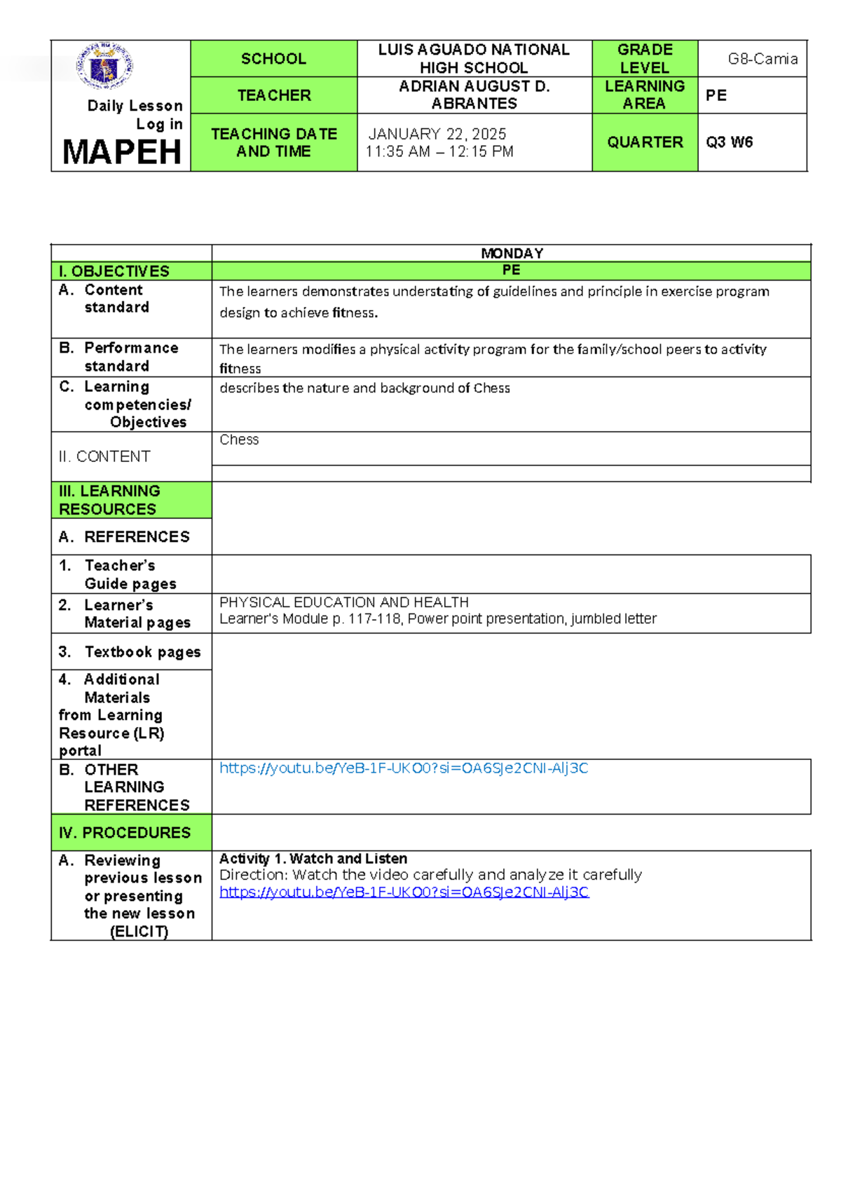 lesson plan DLL for chess day 1 pe g8 - Daily Lesson Log in MAPEH ...