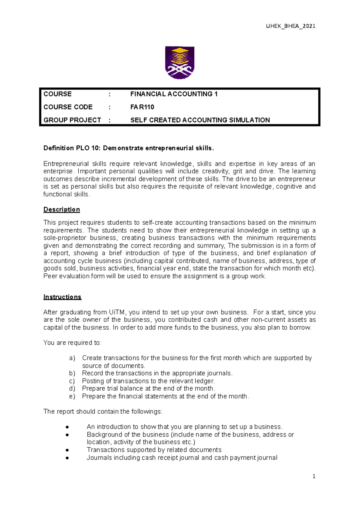 7. FAR110 Rubric OKT2022 - COURSE : FINANCIAL ACCOUNTING 1 COURSE CODE ...