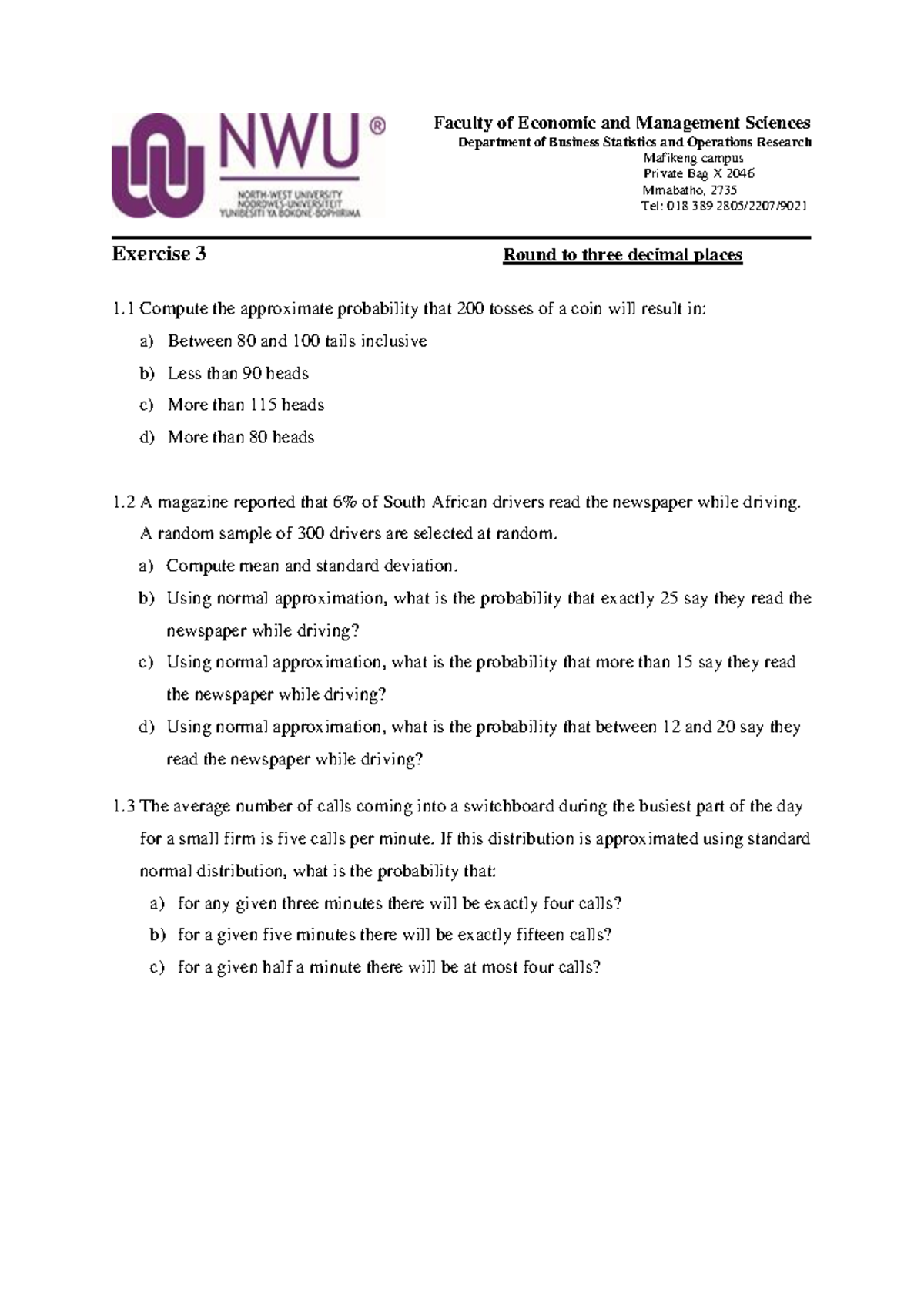 Exercise 3 2025 - Normal Distribution Practice Questions - Studocu
