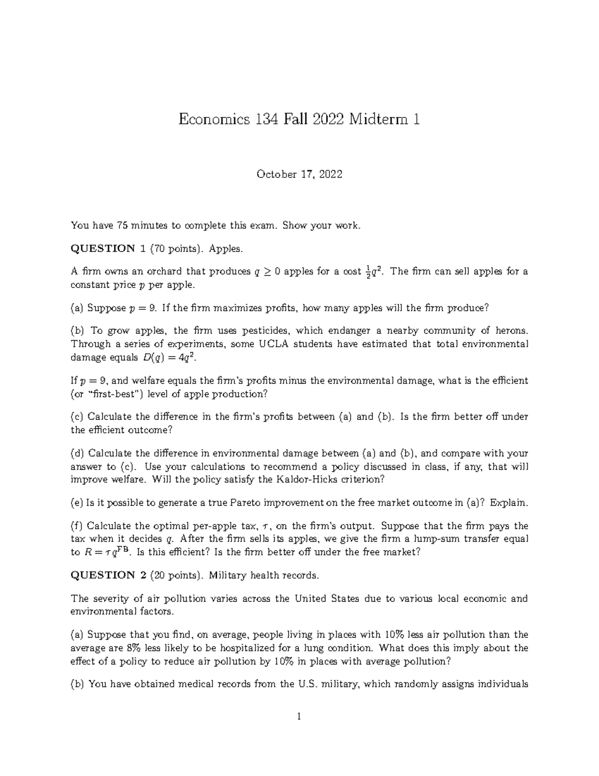 Econ 134 F22 Midterm 1 - Comprehensive Practice Exam Questions - Studocu