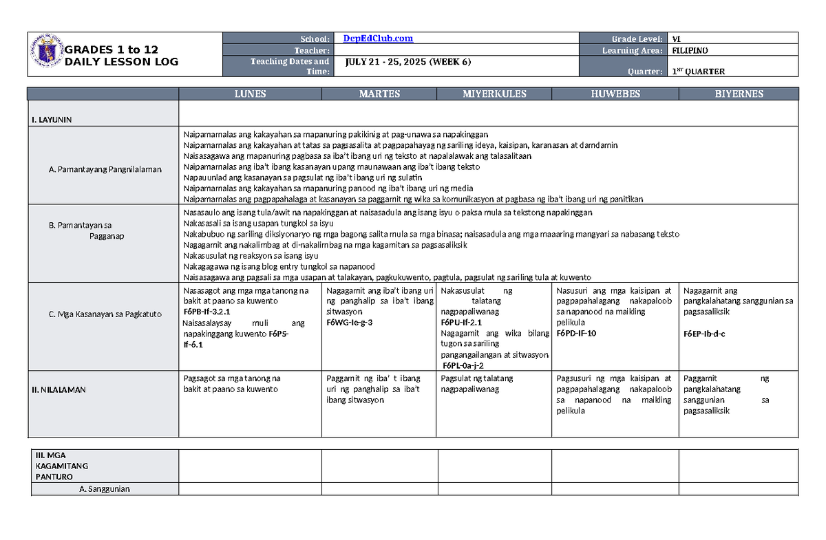 DLL Filipino 6 Q1 W6: Daily Lesson Log for July 21-25, 2025 - Studocu