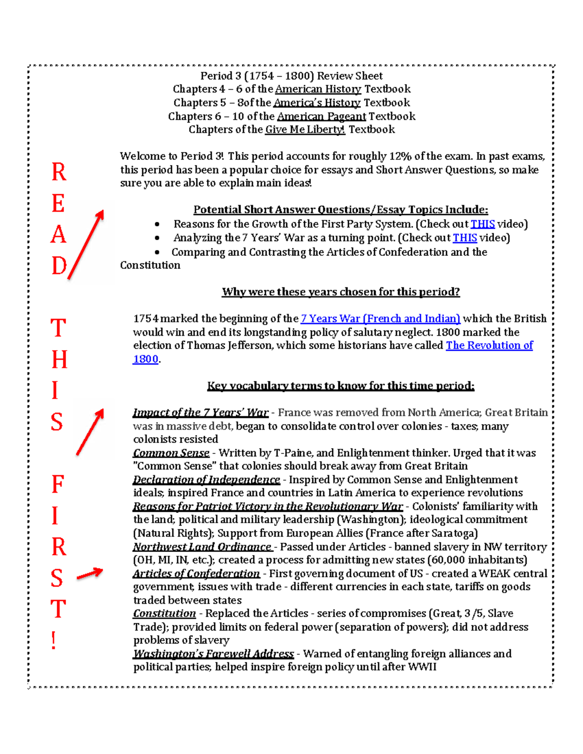 Period 3 (1754-1800) Review Sheet: Key Concepts & Events - Studocu