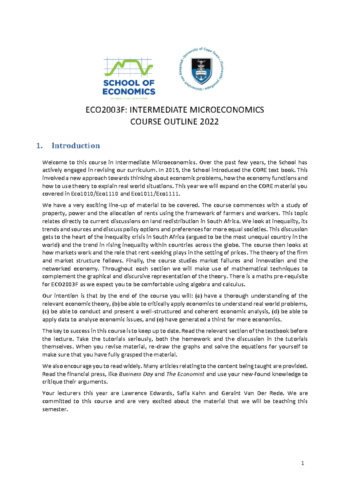 ECO2003F 2022 Intermediate Microeconomics Course Outline and Info - Studocu
