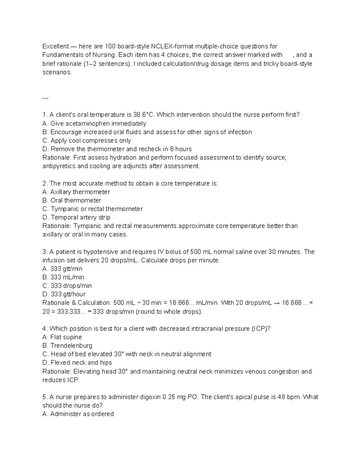 Fundamentals of Nursing: 100 Practice Questions with Rationale - Studocu