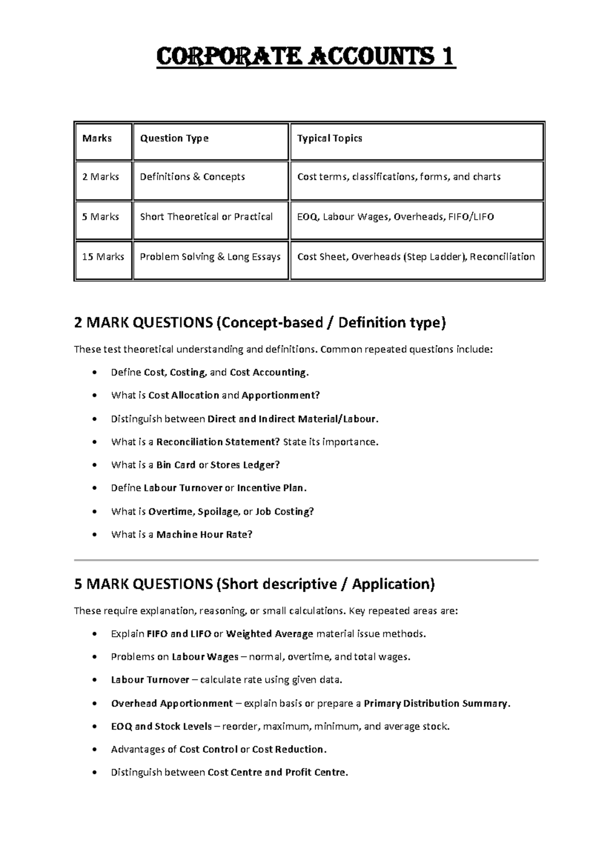 COST 1 Accounts IMP - Key Questions for Exam Preparation - Studocu