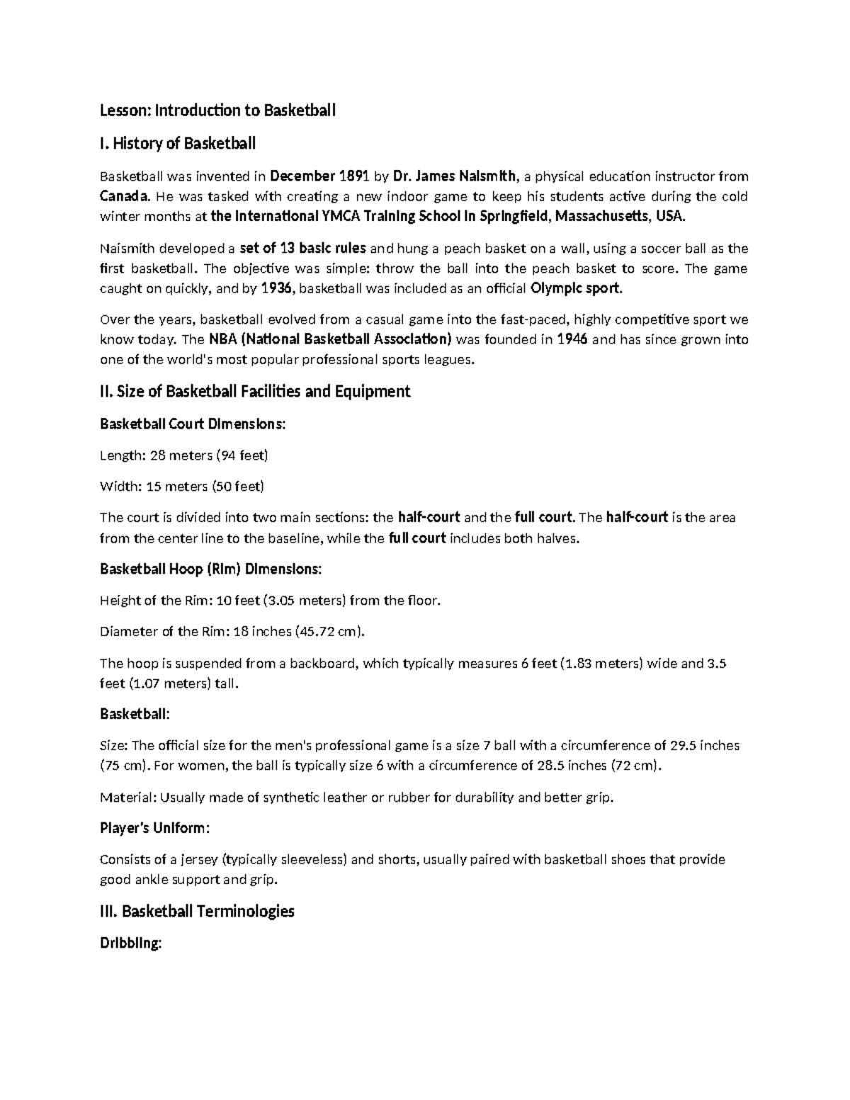 PE-4- Basketball - First Lesson - Lesson: Introduction to Basketball I ...