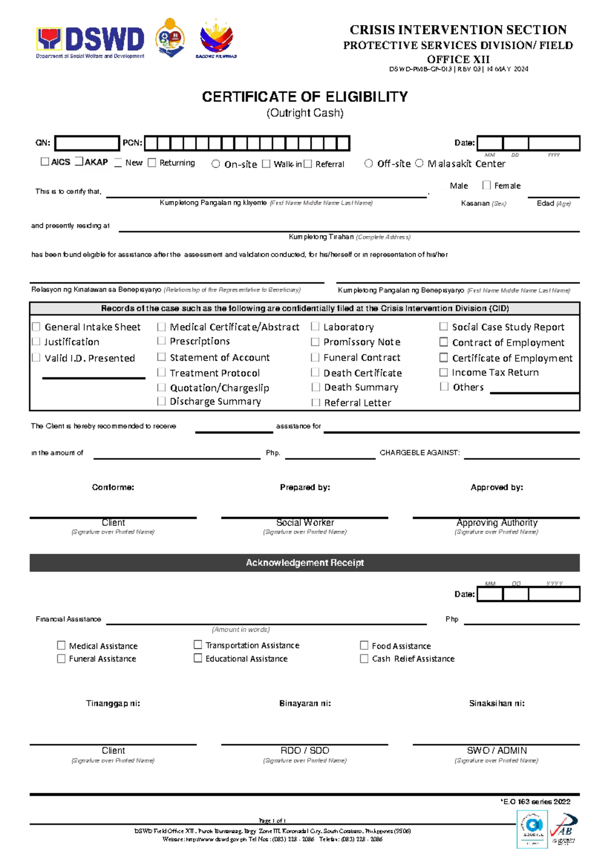 Supporting Documents - DSWD-PMB-GF-013 | REV 03 | 14 MAY 2024 , Page 1 ...