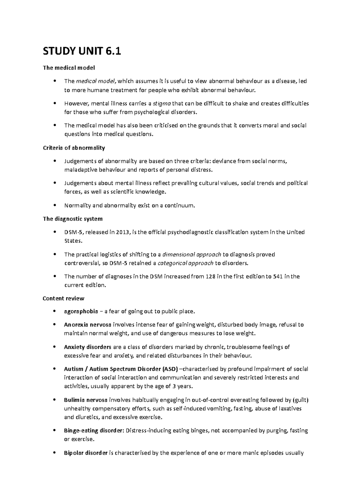 Understanding Abnormal Behavior: Study Unit 6 Overview - Studocu