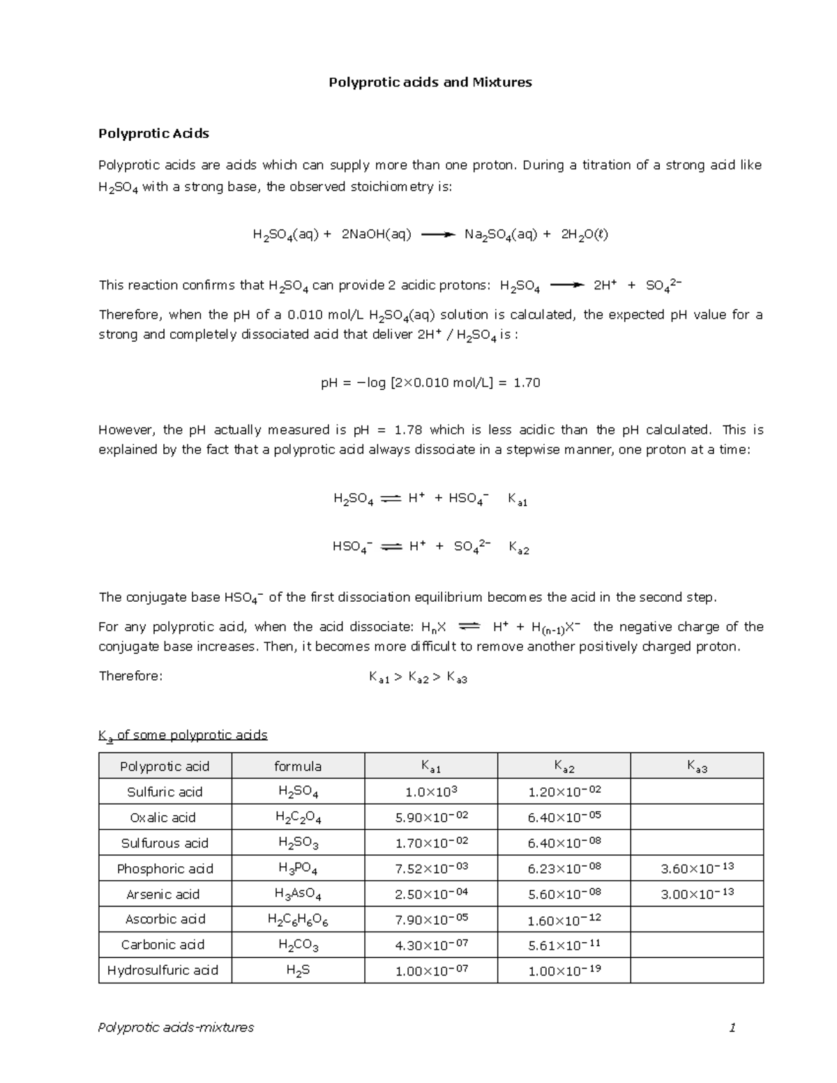 Chem handout t2 4 - Polyprotic acids and Mixtures Polyprotic Acids ...
