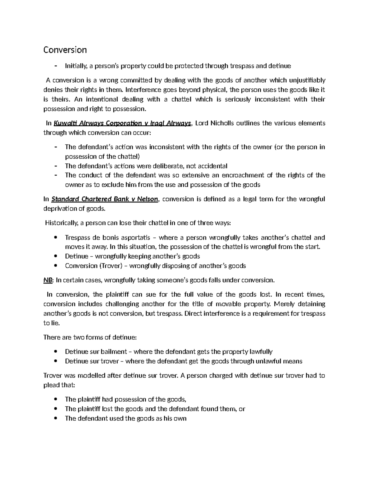 Conversion in Property Law - Pt - Studocu