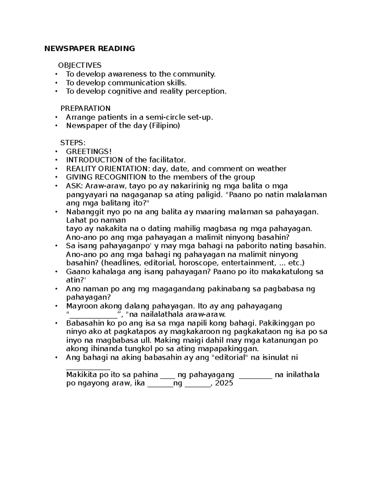 Filipino 101: Newspaper Reading Objectives and Activities - Studocu
